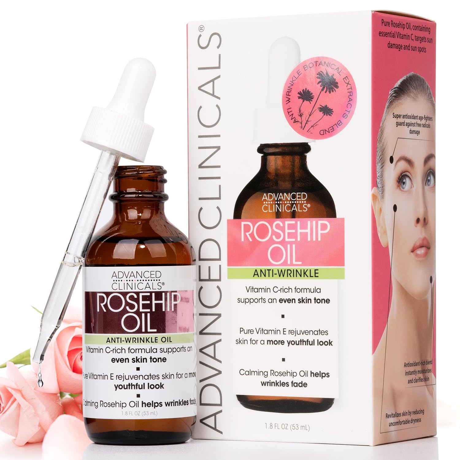 Advanced Clinicals Rosehip Oil For Face | Anti Wrinkle Facial Skin Care Serum | Vitamin C Serum Moisturizer Face Oil W/Vitamin E For Fine Lines, Dark Spots, Uneven Skin Tone, & Sun Damage, 1.8 Fl Oz