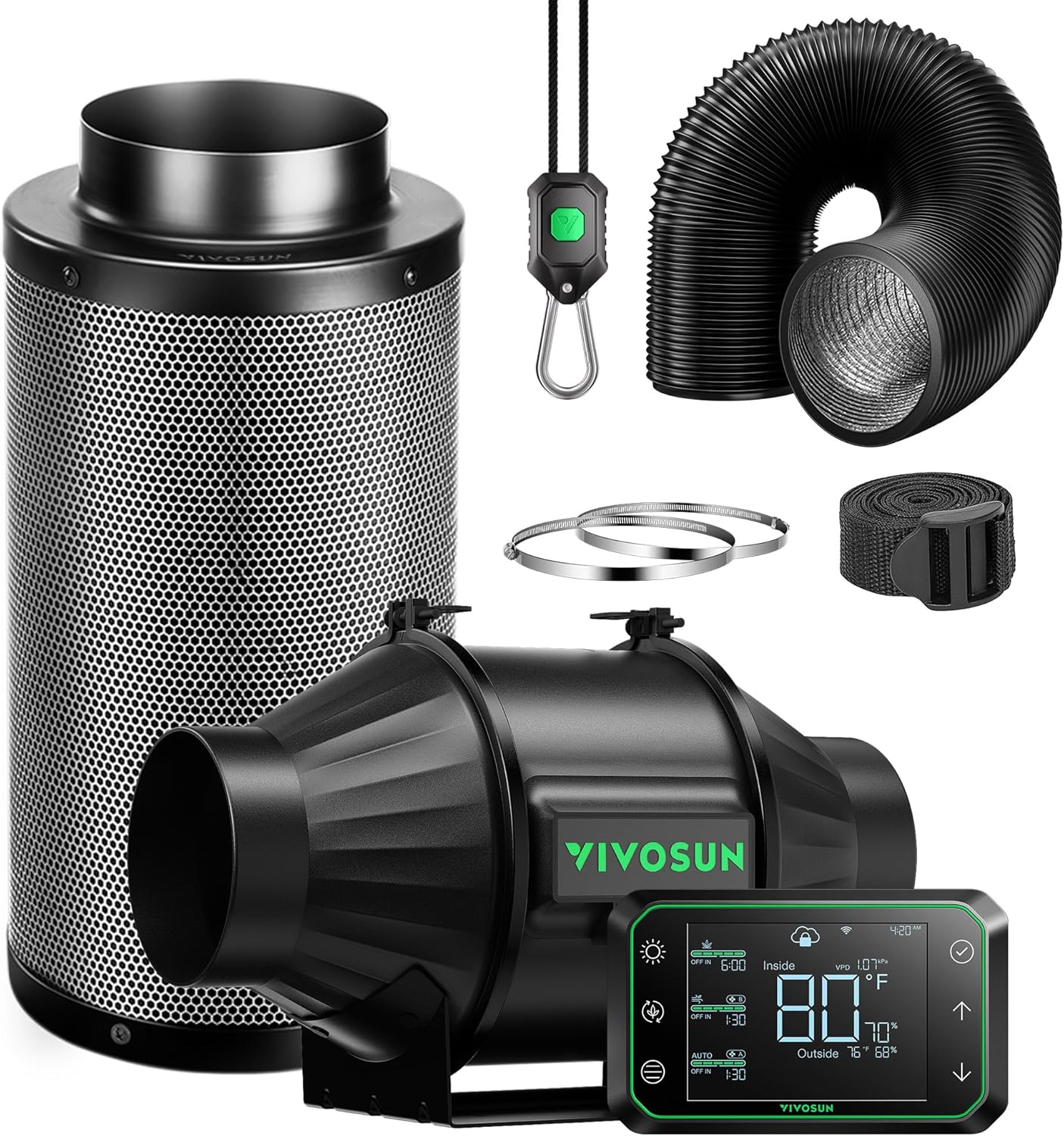 VIVOSUN Smart Air Filtration PRO T4 Kit 4″, AeroZesh T4 Inline Duct Fan w/GrowHub E42A Temp. Humidity WiFi-Controller, Carbon Filter & Ducting, Cooling & Ventilation System for Grow Tent, Hydroponics