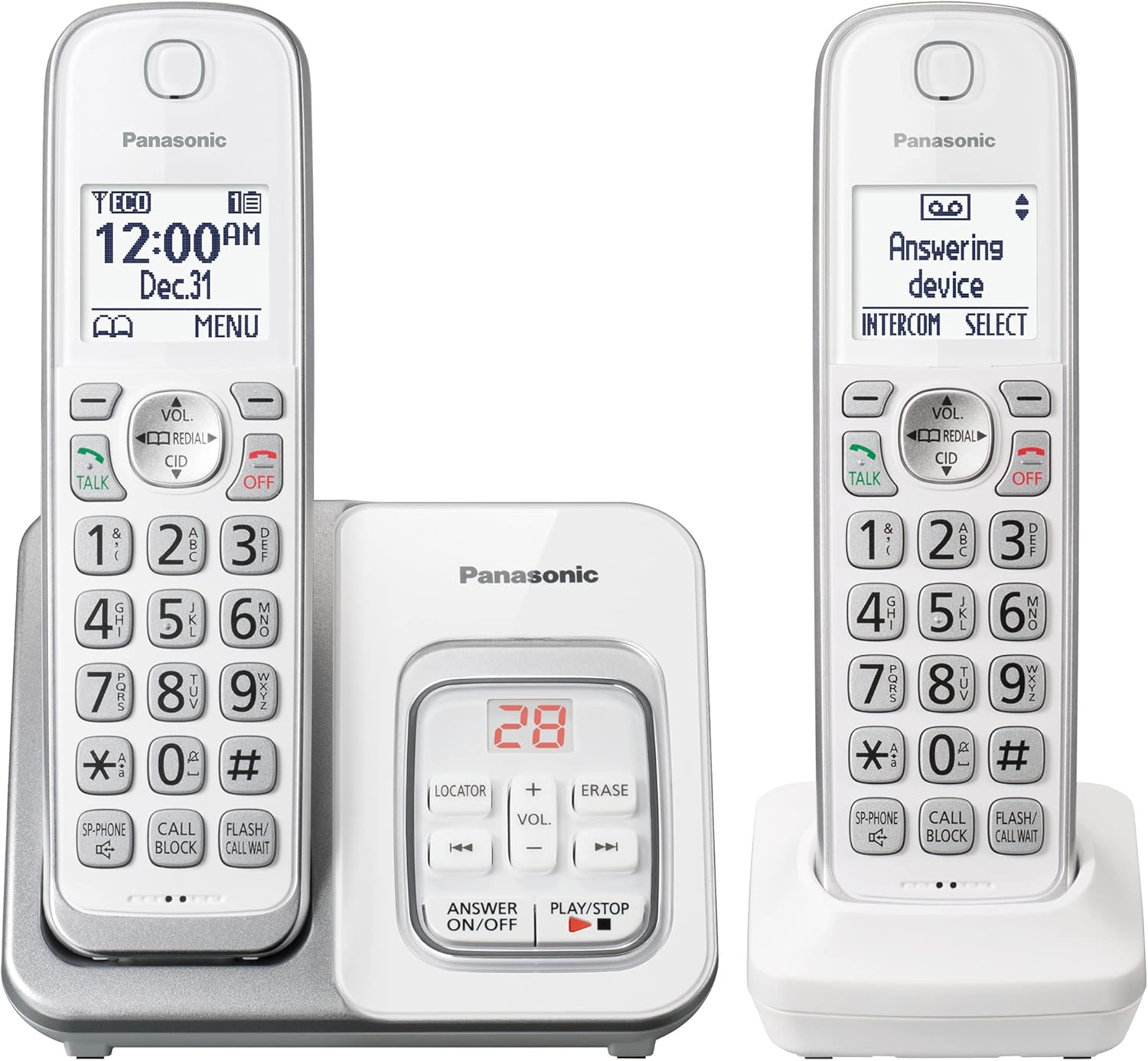 Panasonic DECT 6.0 Expandable Cordless Phone with Answering Machine and Smart Call Block – 2 Cordless Handsets – KX-TGD632W (White/Silver)