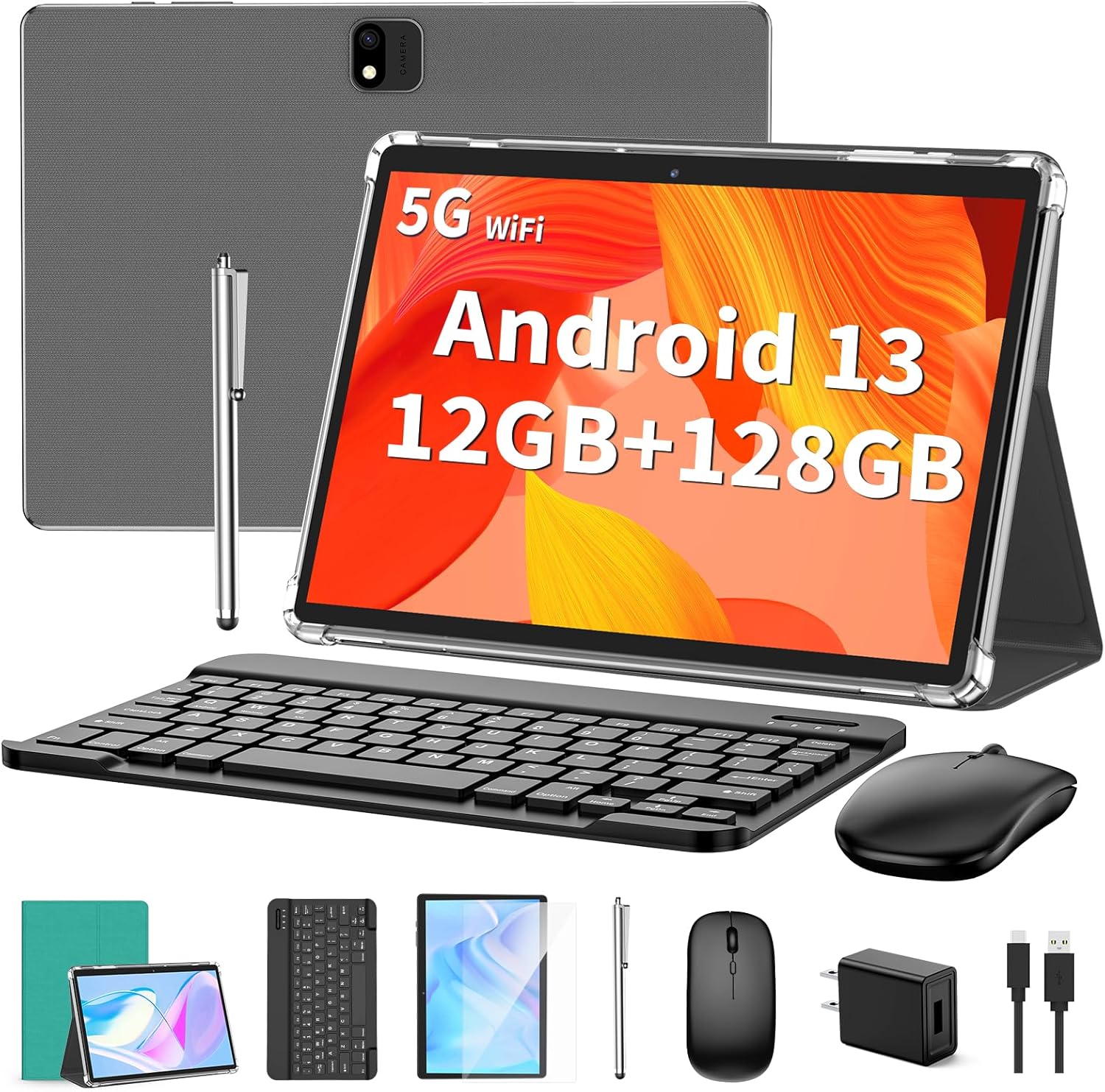 Android Tablet with Keyboard, Android 13 Tablet, 12(6+6)GB+128GB, 1TB Expand, 2 in 1 Tablet, 10 inch Tablet with Case, Mouse, Stylus, 8000mAh Battery, 2.4G/5G WiFi, GPS, Certified Tablet PC, Green