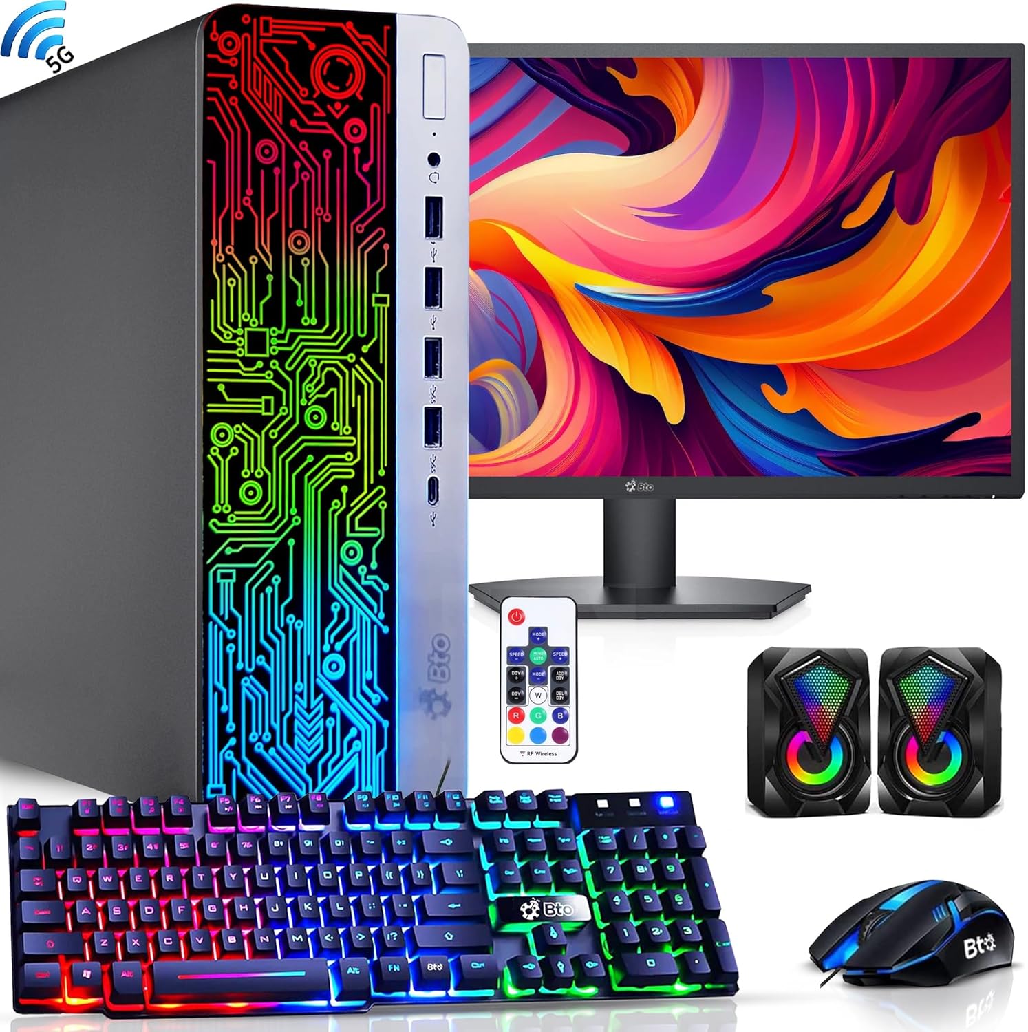 BTO Desktop Computer RGB PC, Intel Core i5, 32GB DDR4 Ram, New 1TB SSD, HDMI, RGB Keyboard and Mouse, Built-in WiFi, 22 Inch Monitor, Type C Port, Windows 10 Pro (Renewed)