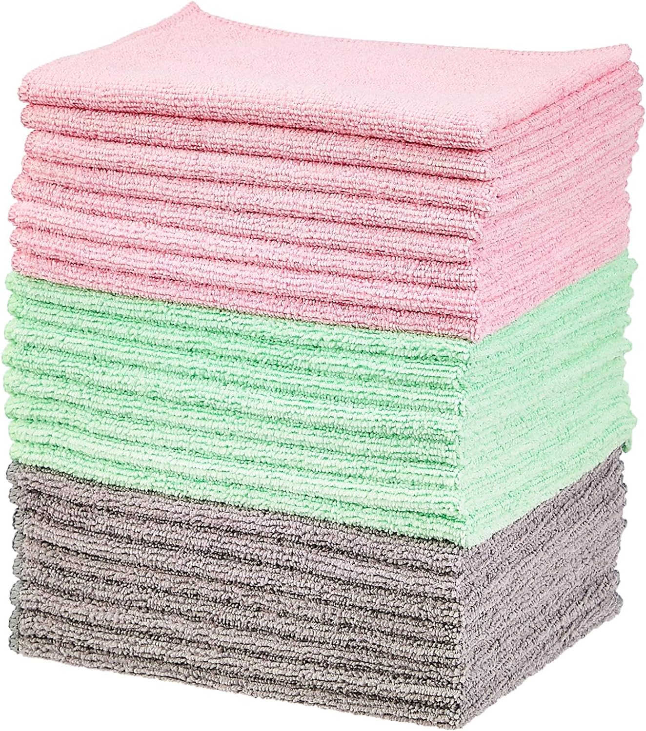 Amazon Basics Microfiber Cleaning Cloths, Free from Streaks/Lint/Scratch for Cars, Pack of 24, Green/Gray/Pink, 16″ x 12″