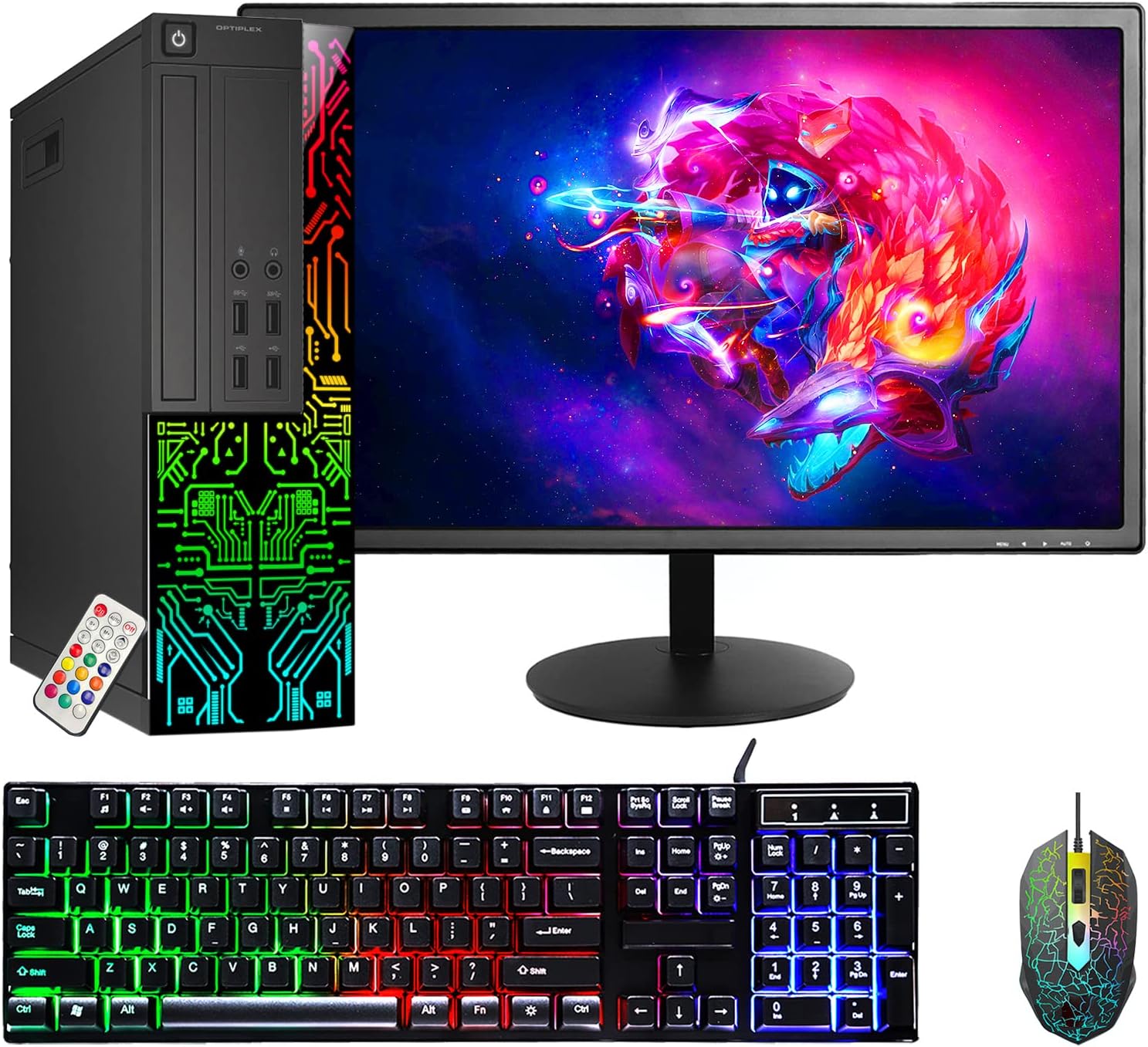 Dell OptiPlex Desktop Customized RGB Lights Computer with 24 Inch Monitor, Intel i5 Quad-Core Processor, 8GB RAM, 256GB SSD, Wi-Fi, Windows 10 (Renewed)