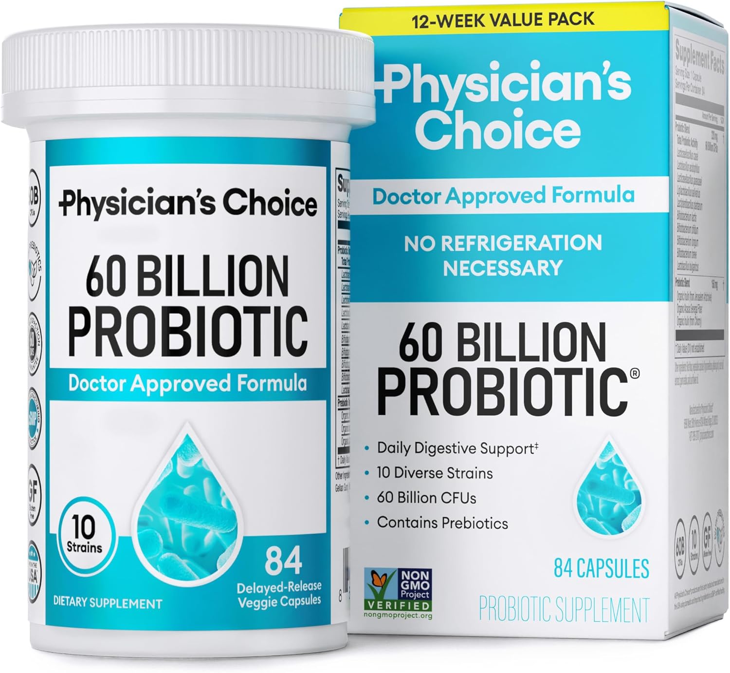 Physician’s CHOICE Probiotics 60 Billion CFU – 10 Strains + Organic Prebiotics – Immune, Digestive & Gut Health – Supports Occasional Constipation, Diarrhea, Gas & Bloating – for Women & Men – 84ct