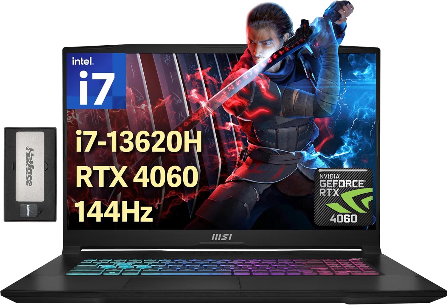 MSI Katana 17 17.3″ 144Hz FHD Gaming Laptop, Intel I7-13620H, 64GB DDR5, 4TB SSD, GeForce RTX 4060, Backlit Keyboard, Cooler Boost 5, Webcam, Wi-Fi 6, Win 11 Pro, Black, 256GB Docking Station Set