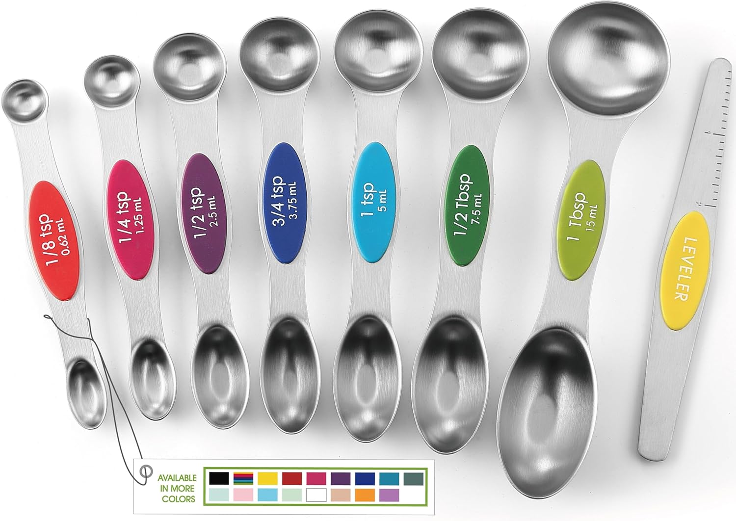 Spring Chef Magnetic Measuring Spoons Set with Strong N45 Magnets, Heavy Duty Stainless Steel Metal, Fits in Most Kitchen Spice Jars for Baking & Cooking, BPA Free, Multicolor, Set of 8 with Leveler