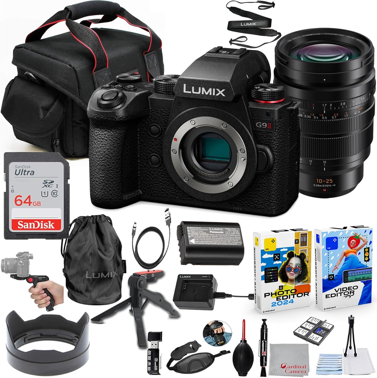 Panasonic Lumix G9 II Mirrorless Camera with 10-25mm f/1.7 Lens Bundle + Accessory Kit with 64GB Ultra Memory, Hand Grip Tripod, Carry Case, Editing Software Package & More (27 Items)