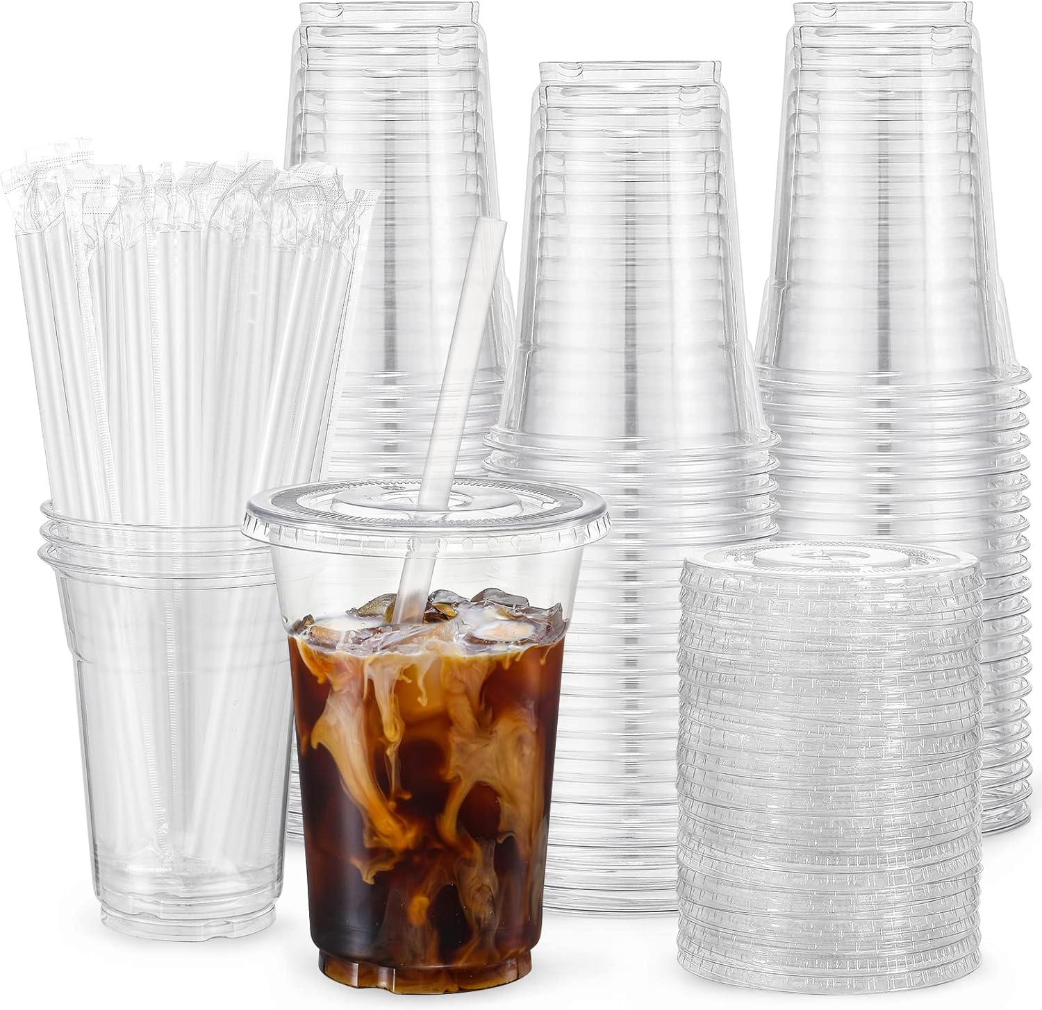 VITEVER [100 Sets – 16oz] Plastic Cups with Lids and Straws, Disposable Cups for Iced Coffee, Smoothie, Milkshake, Cold Drinks – Clear