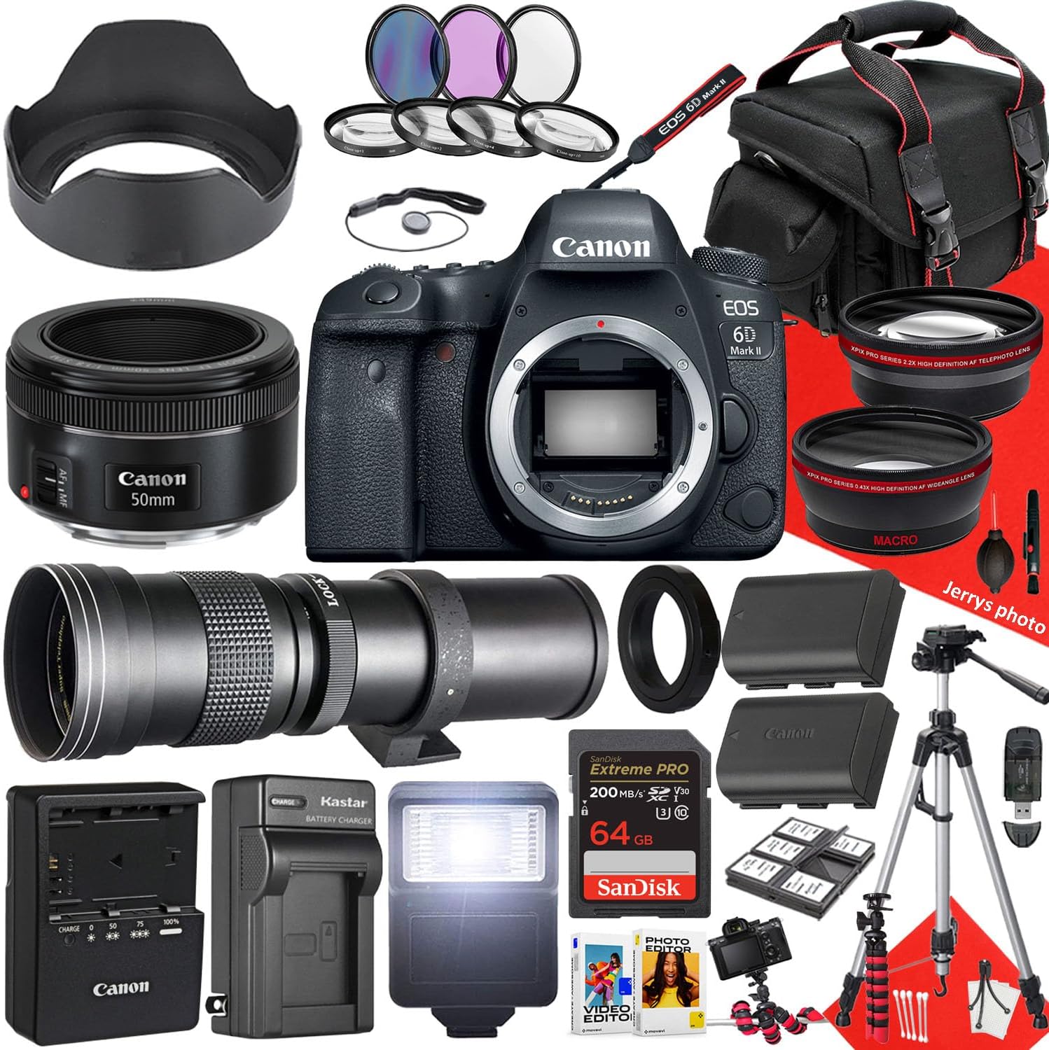 Canon EOS 6D Mark II DSLR Camera with EF 50mm f/1.8 STM and 420-800mm f/8.3 HD Telephoto Zoom Lens + 64 GB Memory + Filters + Tripod + More (36pc Bundle), Black (Renewed)