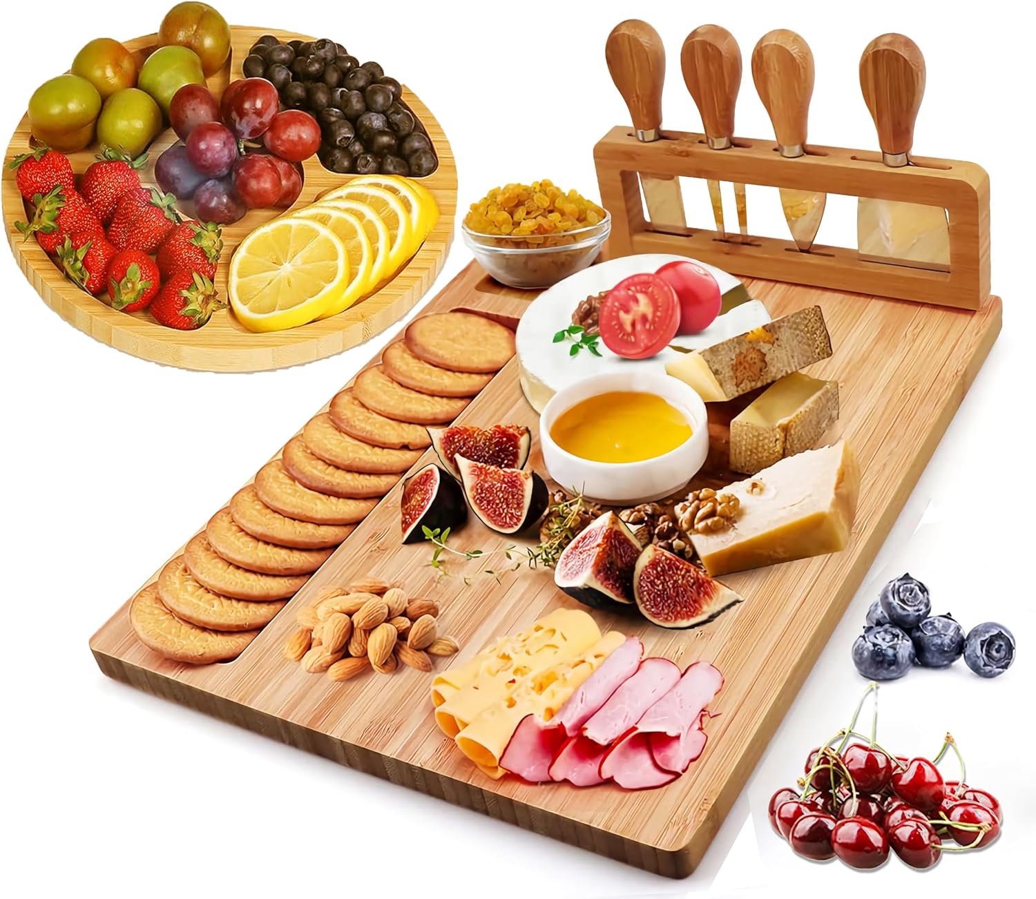 Cheese Board and Knife Set,Bamboo Charcuterie Board Set with Round Tray,Cheese Platter Serving Tray,Cheese Plate Set,Perfect for Housewarming,Christmas,Birthday Gift