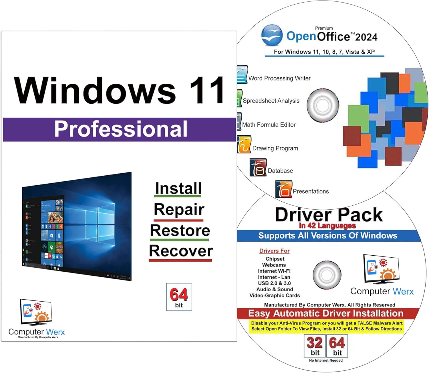 Computer Werx Compatible Windows 11 Professional 64 Bit repair DVD with key, install, recover & restore DVD plus Registry Cleaner & Drivers pack DVD.