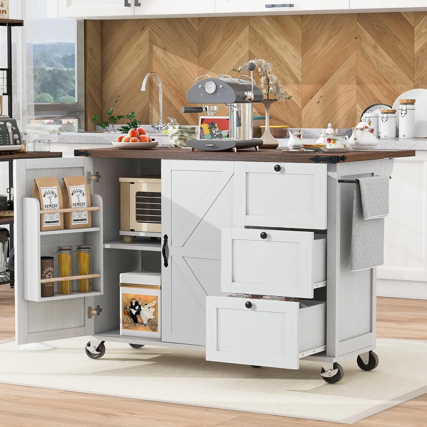 Quarte Farmhouse Mobile Kitchen Island with Power Outlet, Internal Storage Rack and Drop Leaf, 54.5″ Rolling Kitchen Cart on Wheels, for Home, Kitchen and Dining Room (White/Mobile)