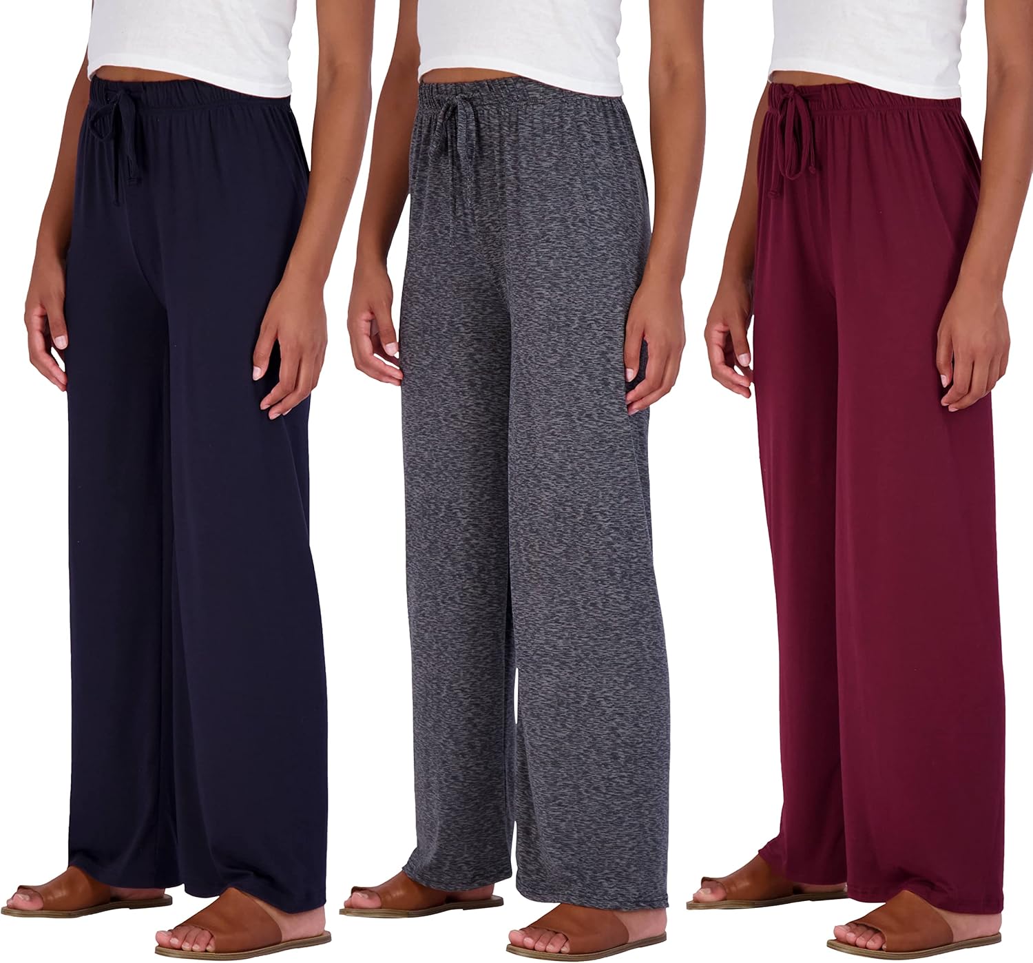 Real Essentials 3 Pack Soft Pallazo Pajama Pants for Women, Wide Leg Comfy Casual Lounge Yoga Capri Pants (Plus Size)