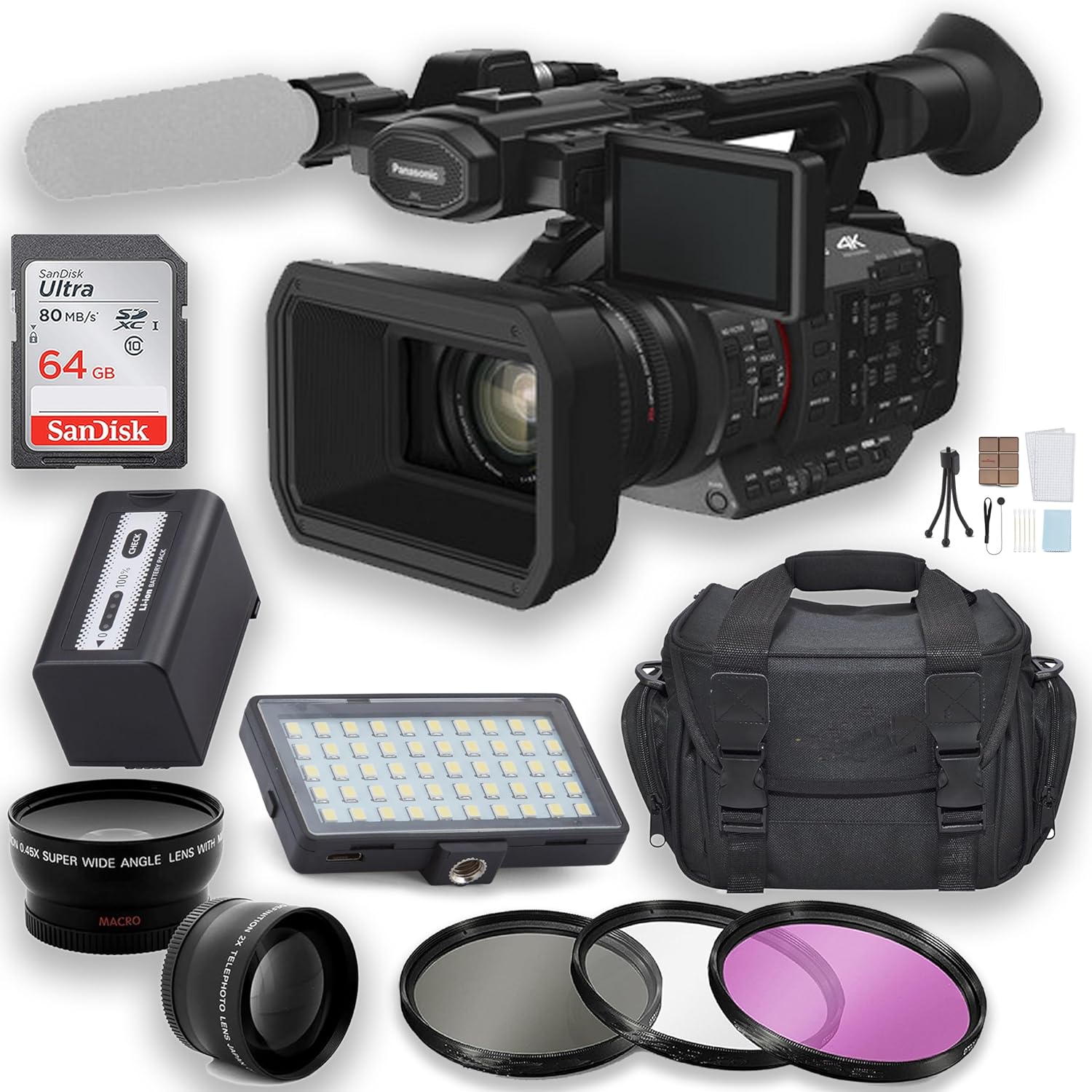 Panasonic HC-X20 4K Mobile Camcorder with Rich Connectivity + LED Light + 64GB Memory Card + Filter Kit + Telephoto Lens + Wide Angle Lens + Case & More, Black