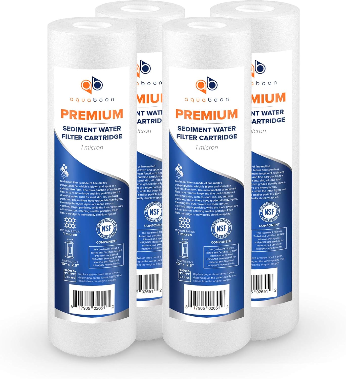 Aquaboon Premium 10” x 2.5” Whole House and Reverse Osmosis Sediment 1 Micron Water Filter Cartridge | Certified According to NSF | Compatible with Culligan P1, P1, PD-1-934 (4 Pack)