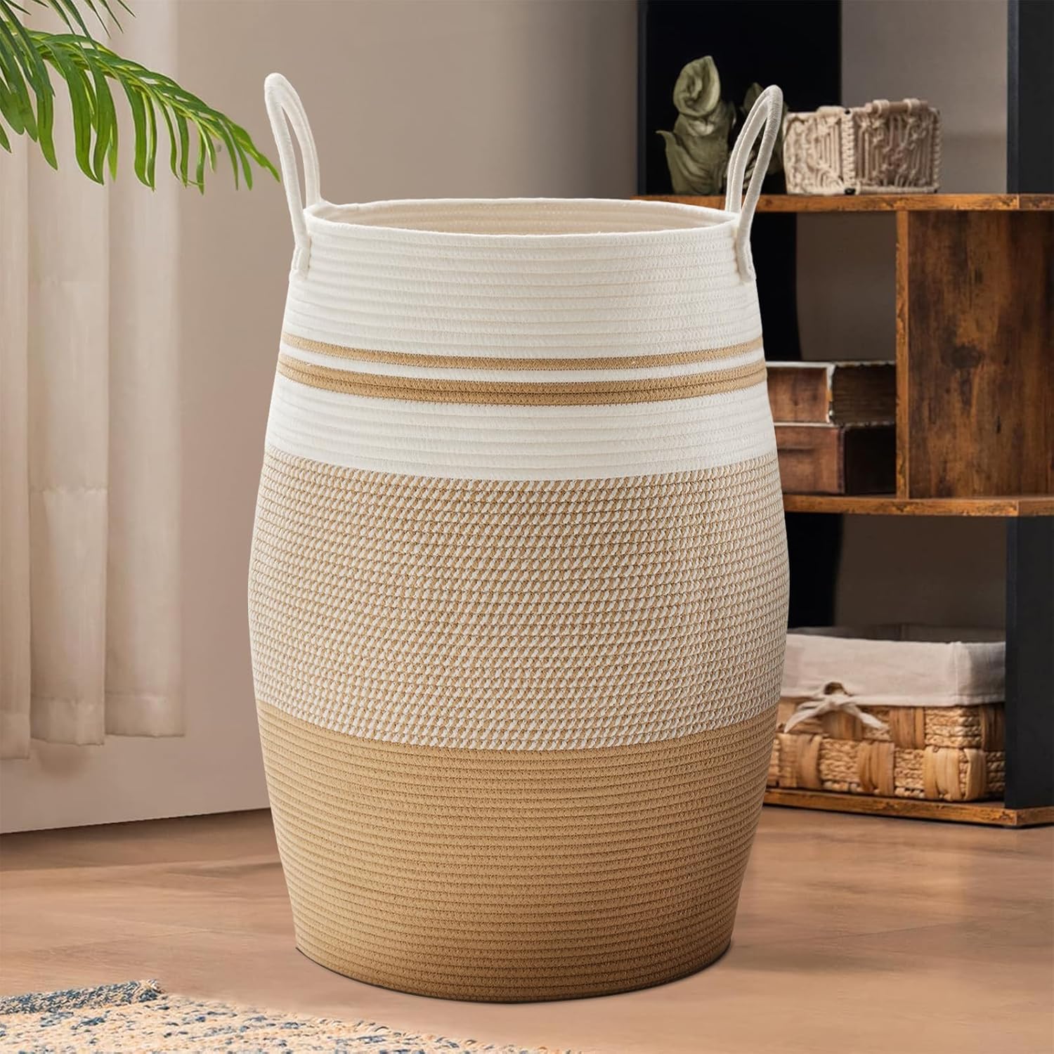 105L Extra Large Woven Laundry Hamper Basket with Heavy Duty Cotton Rope Handles for Clothes and Toys in Bedroom, Nursery Room, Bathroom