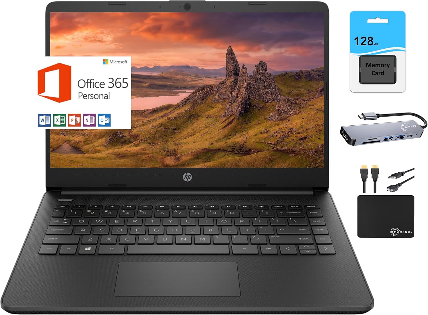 HP Newest 14″ HD Light Thin Laptop Student Business, Quad-Core Intel N4120, 8GB RAM, 192GB (64GB eMMC+ 128GB SD), Webcam, Wi-Fi, Long Battery, Windows 11S + 1 Year Office 365, Black+MarxsolAccessory