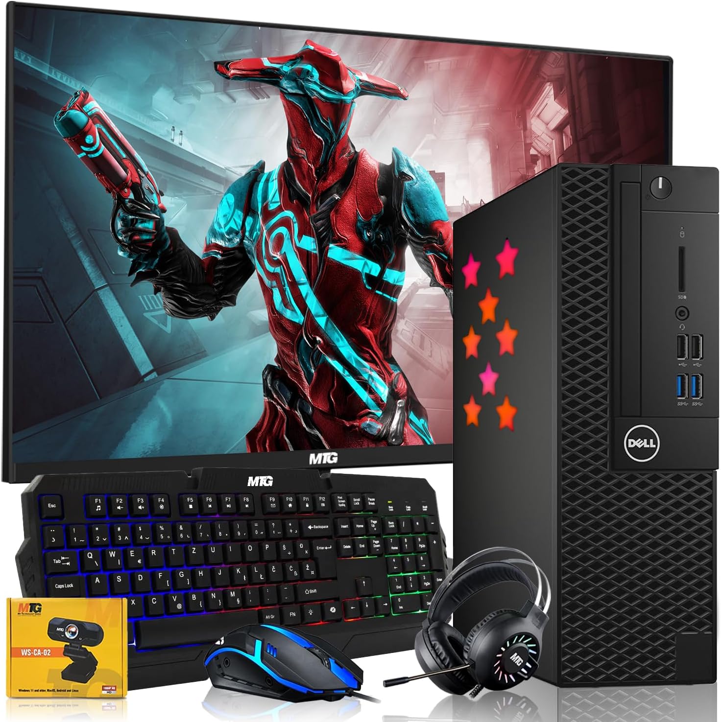 Dell Desktop PC Gaming Bundle – Core i7, 16GB RAM, 512GB SSD, 24-inch Monitor, GT 1030, RGB Keyboard with AI-Enabled Copilot Key, Mouse, RGB Headphone, Webcam, Wi-Fi, Win 11 Home (Renewed)