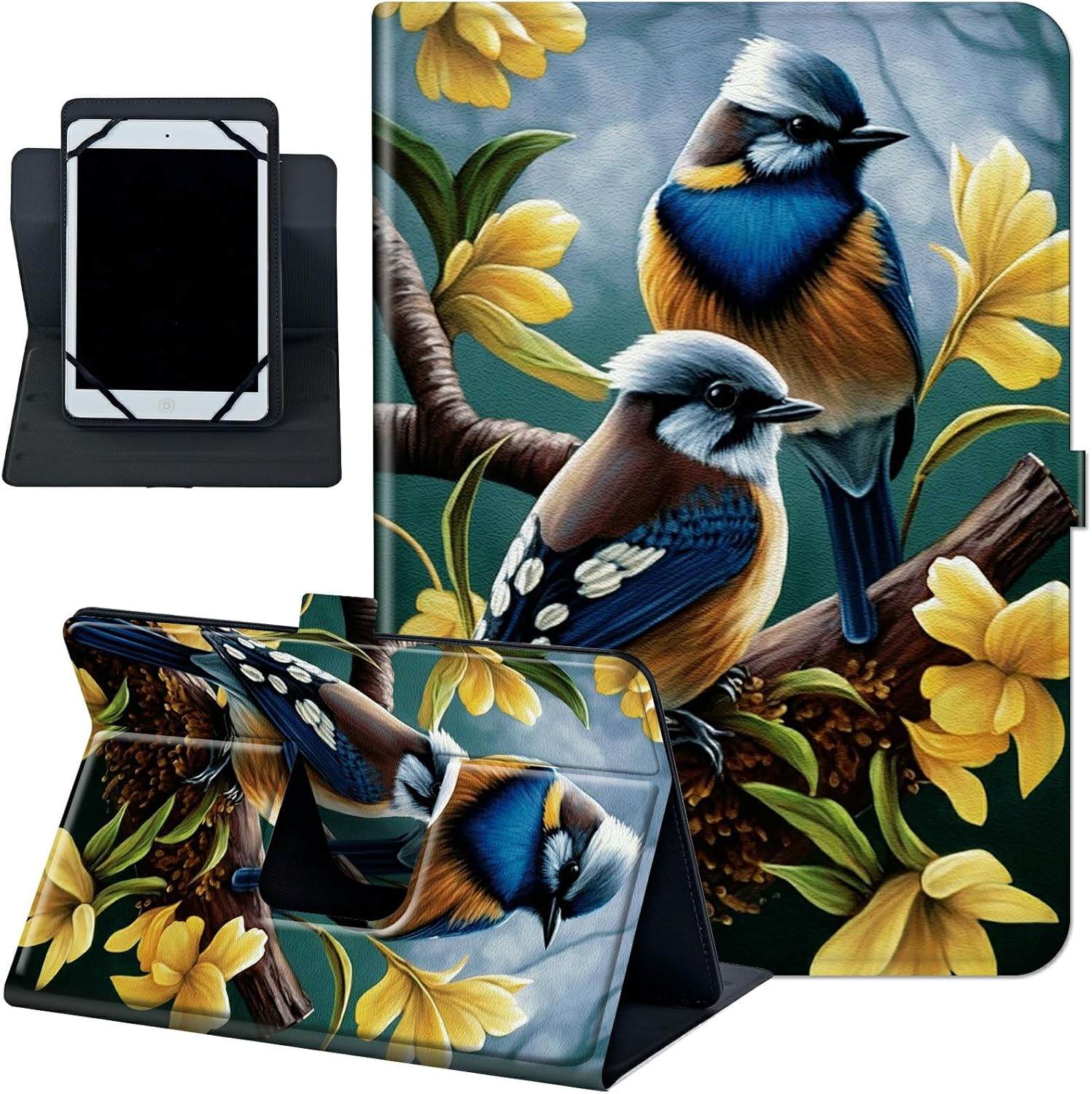 Universal Tablet Case 8 inch 9 inch PU Leather Stand Folio Protective Cover for 8″-9″ Android Touchscreen Tablet Shell Case with 360 Degree Rotatable Kickstand and Multiple Viewing Angles,Cute Birds