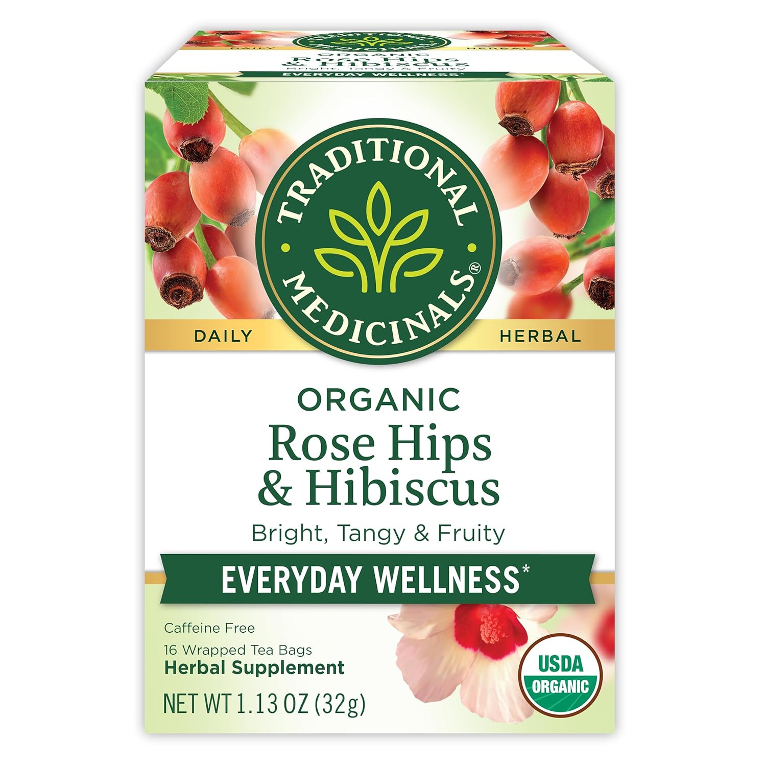 Traditional Medicinals Tea, Organic Rose Hips & Hibiscus, Supports Everyday Wellness, 16 Tea Bags