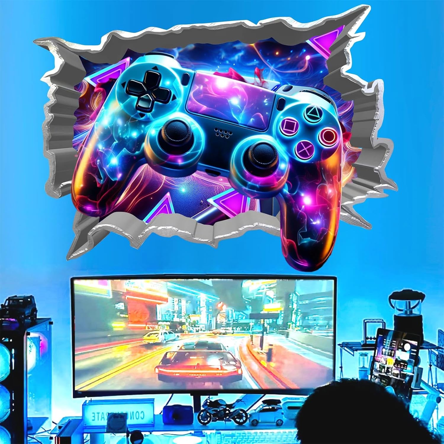 Extra Large Game Wall Decal Big Game Controller Wall Sticker Gaming Zone Wallpaper Sticker Gaming Wall Mural Decorations Game Room Decor Gamer Wall Stickers for Boys Teenager Room Decor