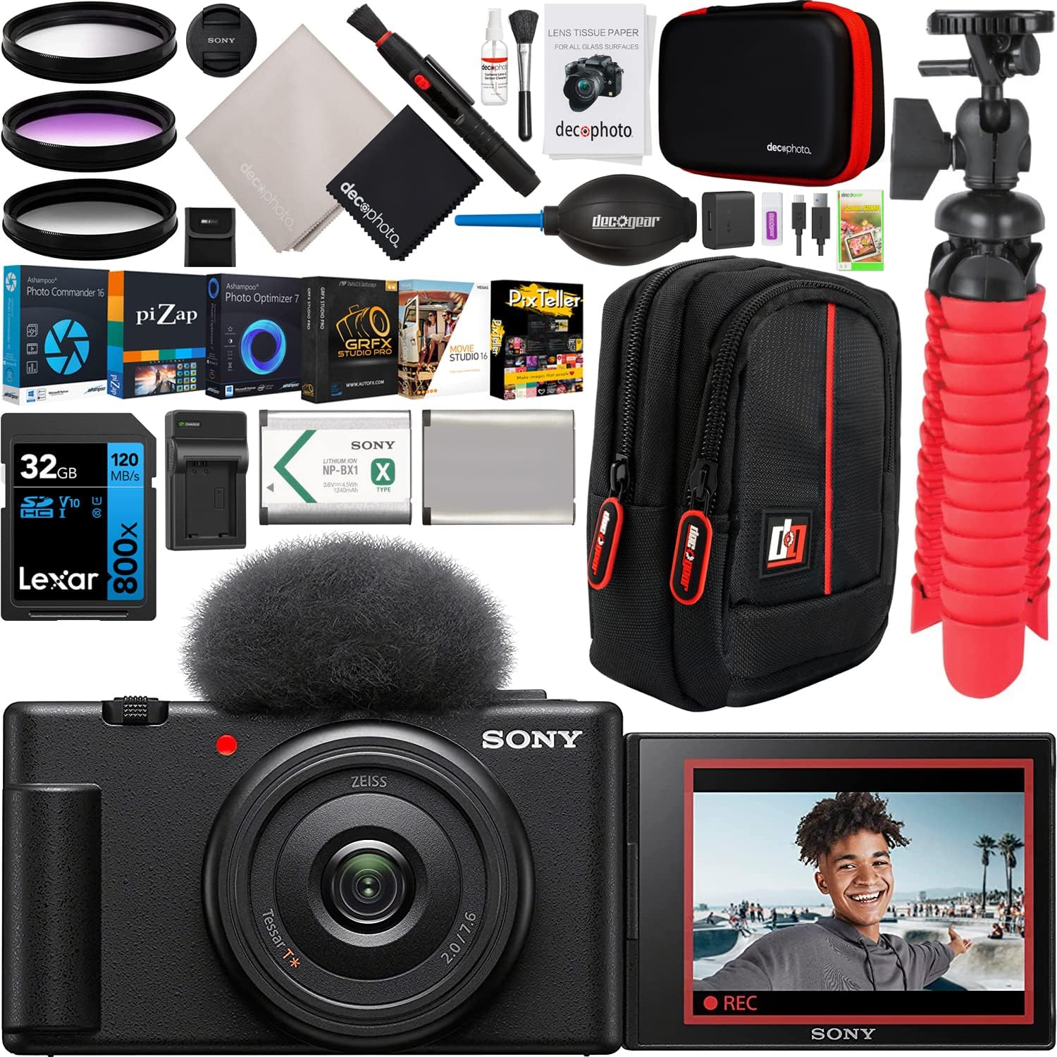 Sony ZV-1F Vlog Camera with 4K Video & 20.1MP for Content Creators and Vloggers Black ZV-1F/B | Official Sony USA Partner Model | Bundle with Deco Gear Case + Extra Battery + Filters + Photo Software