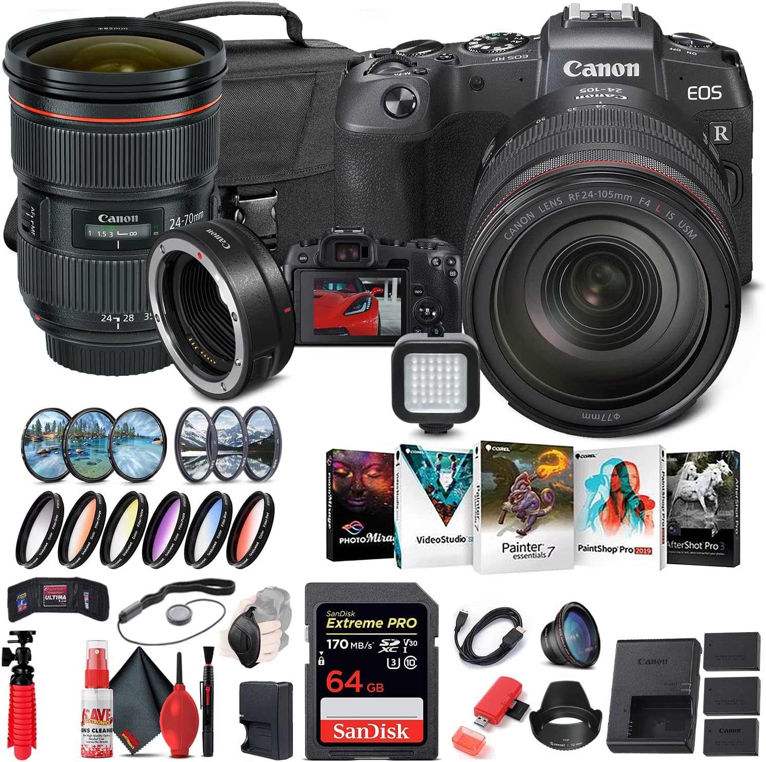 Canon EOS RP Mirrorless Digital Camera with 24-105mm Lens (3380C012) + Canon EF 24-70mm Lens + Mount Adapter EF-EOS R + 64GB Memory Card + Color Filter Kit + Case + Filter Kit + More (Renewed)