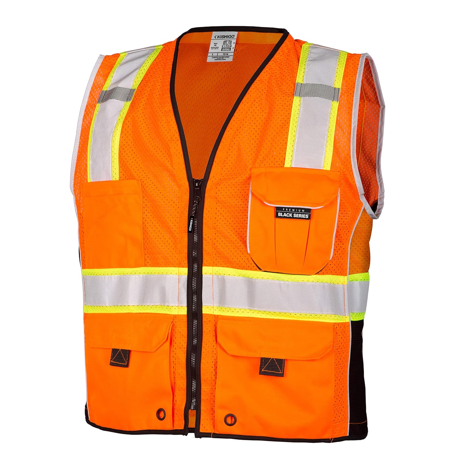 Kishigo Premium Black Series Heavy Duty Unisex Reflective Safety Vest 1514, ANSI Type R / Class 2 Compliant, 6 Pockets – Pencil & Radio Pockets, Reflective Silver Lining & Black Trim (Orange, M)