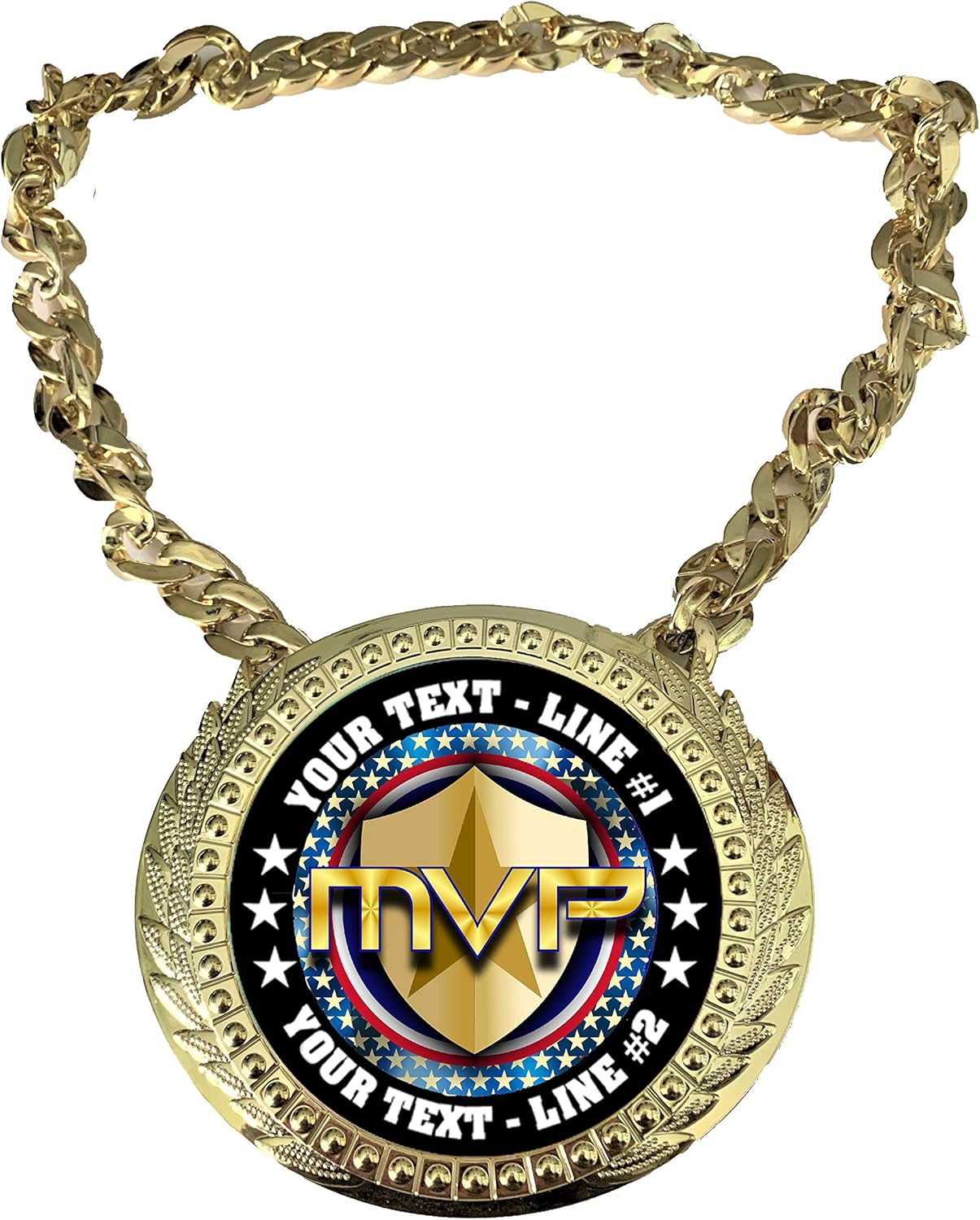 Express Medals Custom MVP Most Valuable Player Champ Chain Trophy with 2 Lines of Personalized Text on a Large Rigid Plastic Award Medal and 34 Inch Long Gold Color Neck Chain. MVP