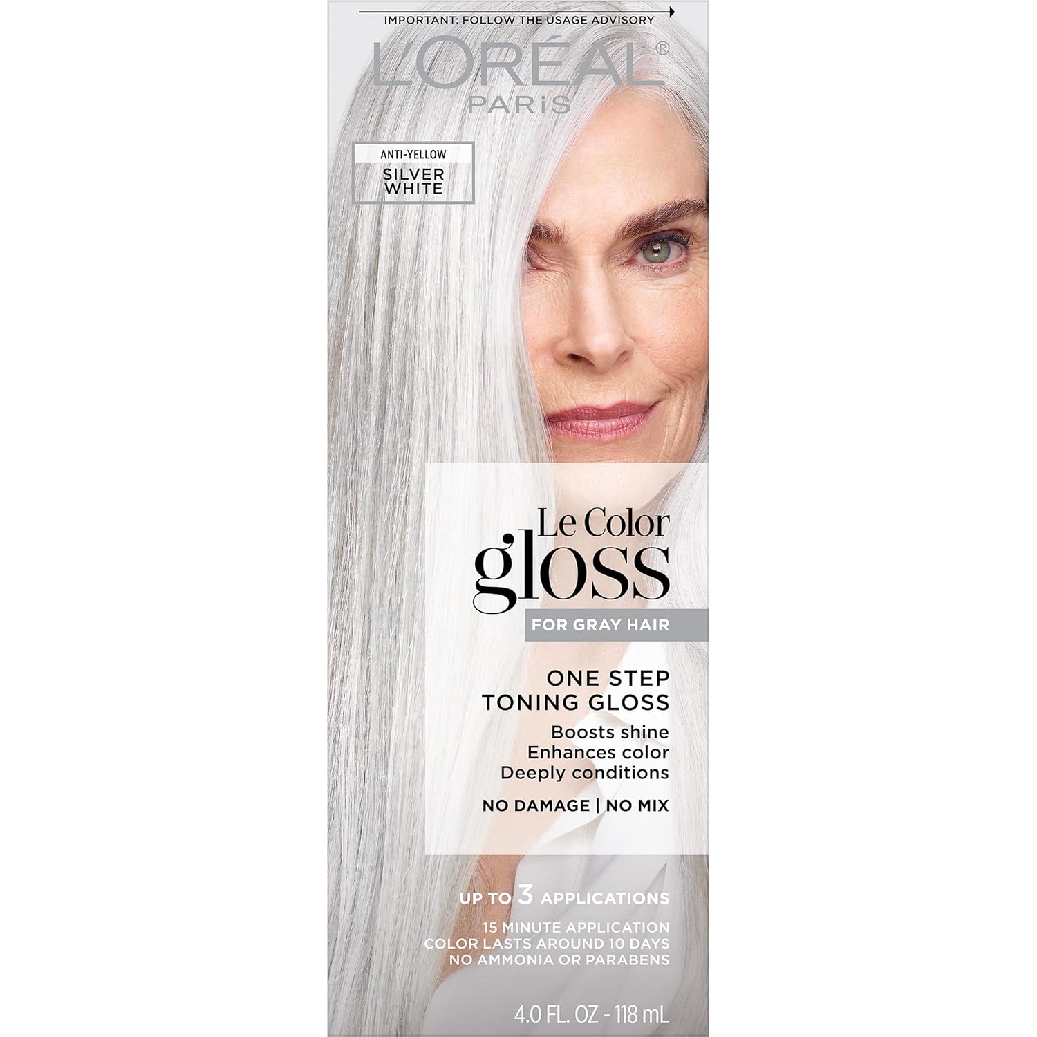 L’Oréal Paris Le Color Gloss One Step Toning Gloss, In-Shower Hair Toner with Deep Conditioning Treatment Formula for Gray Hair, Silver White, 1 Kit, 32.626 cubic_inches