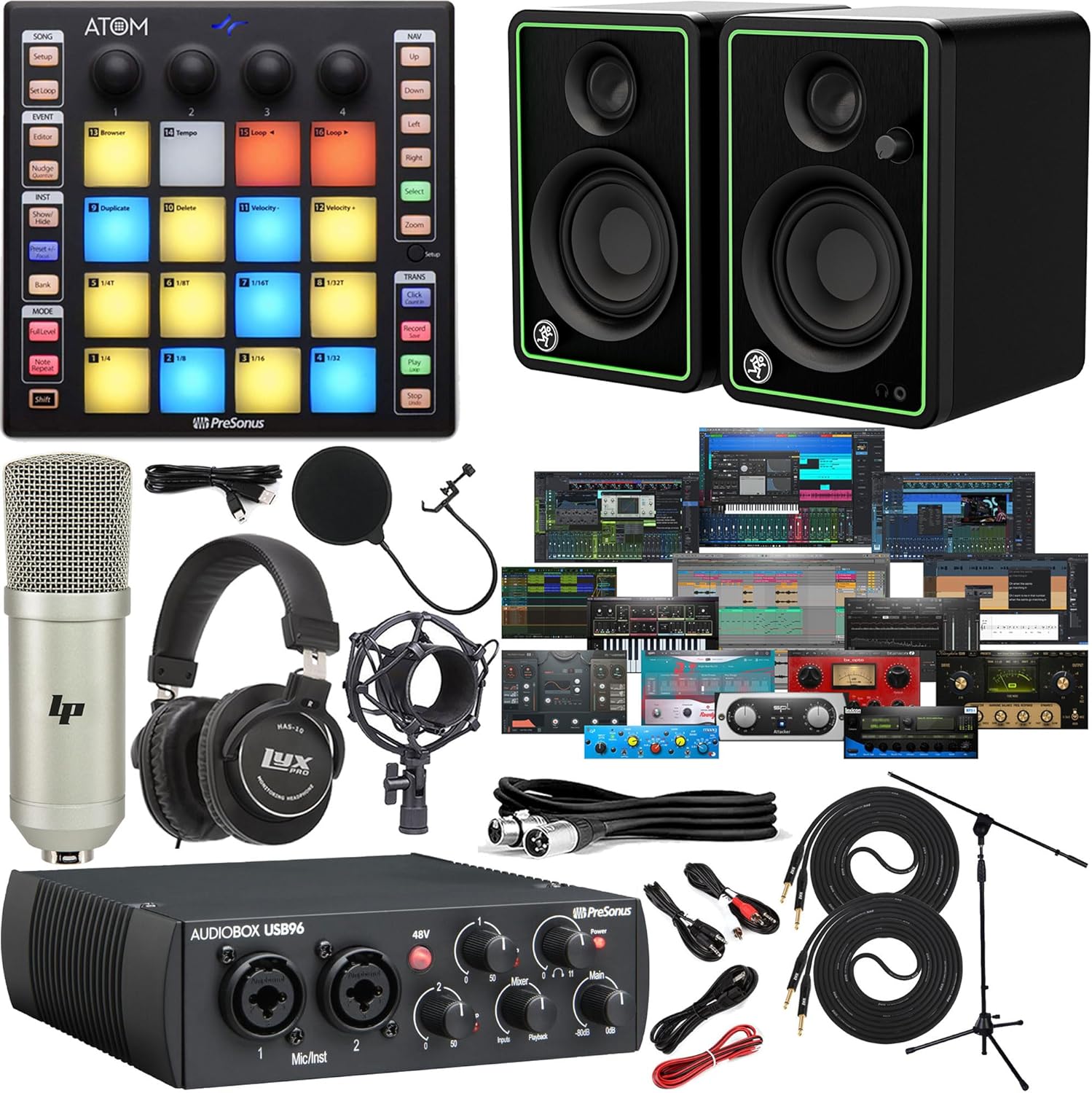 Presonus AudioBox 96 USB Audio/MIDI Interface with Newest Version Studio One Artist & Studio Magic Plug-in Suite with CR3-XBT Creative Multimedia Monitors and ATOM MIDI Pad Controller + Microphone