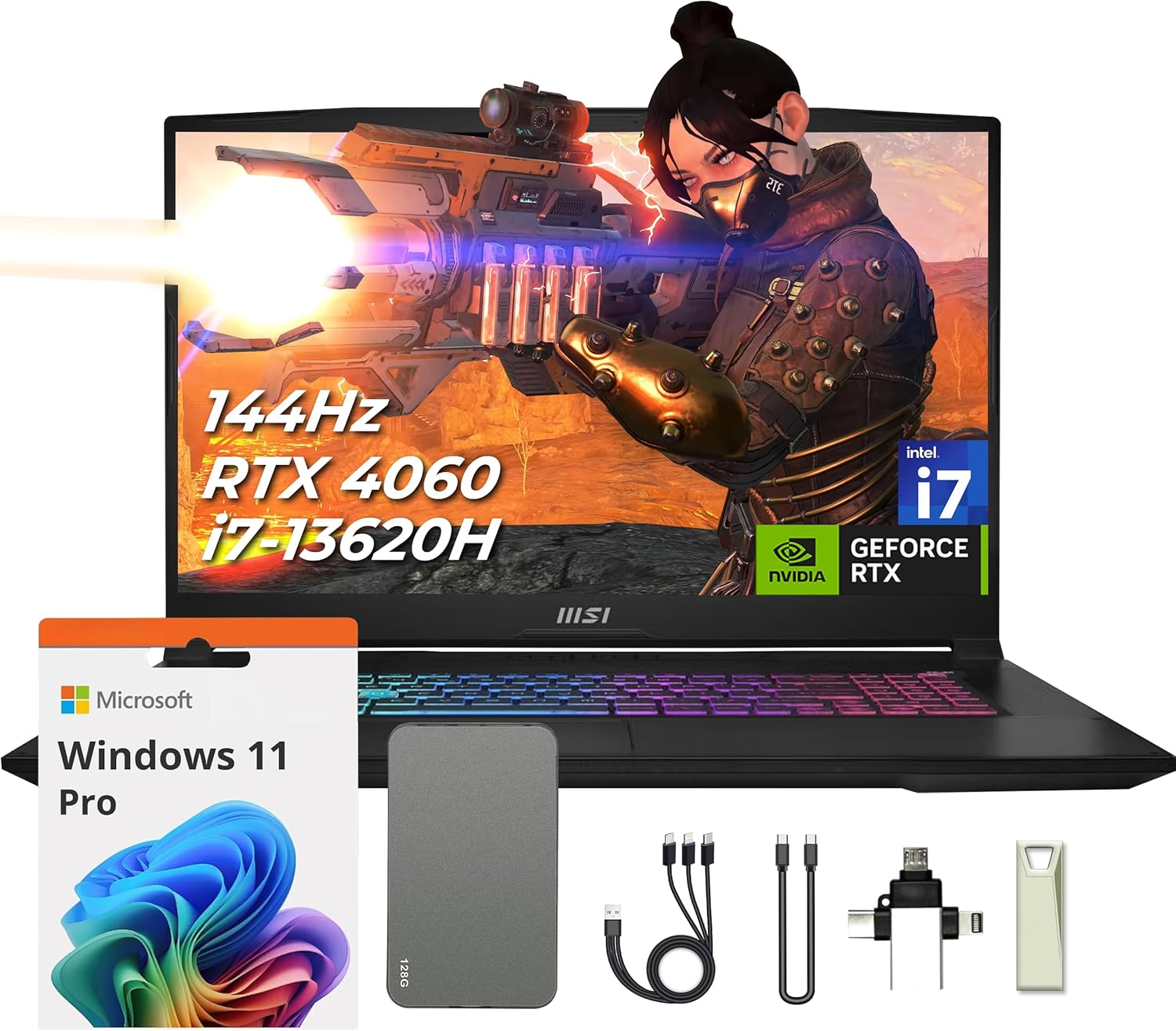 MSI Katana 17 17.3″ 144Hz FHD Gaming Laptop, 64GB DDR5, 4TB SSD, Intel I7-13620H, GeForce RTX 4060 8GB GDDR6, Windows 11 Pro, Backlit Keyboard, Cooler Boost 5, Black, 128GB Docking Station Set