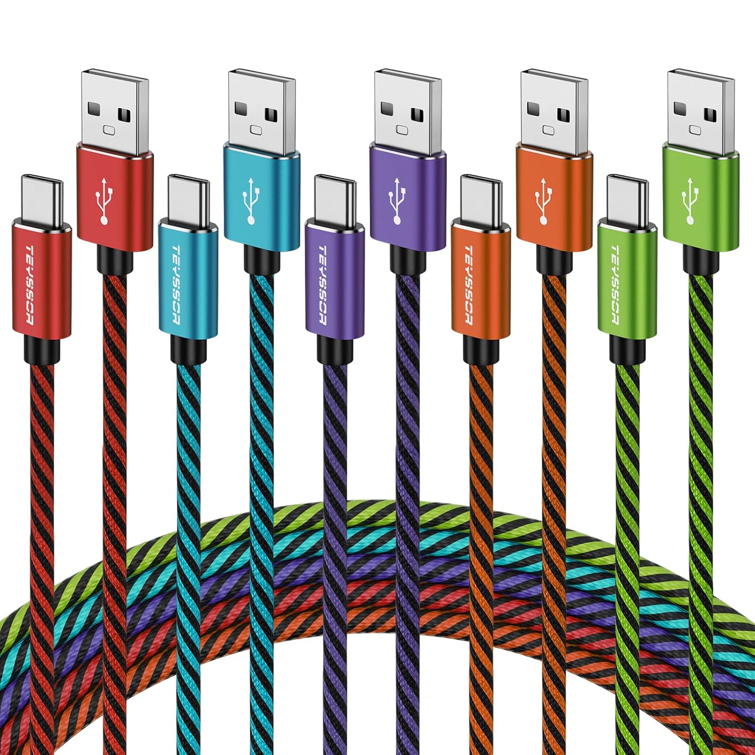 Teyssor USB C Cable 10FT 5-Pack Nylon Braided USB A to Type C Charger Cable Fast Charging Cord Compatible with Samsung Galaxy S24 S23 S22, Note 20 10 9 8, Moto G7 G8 Type C Cable