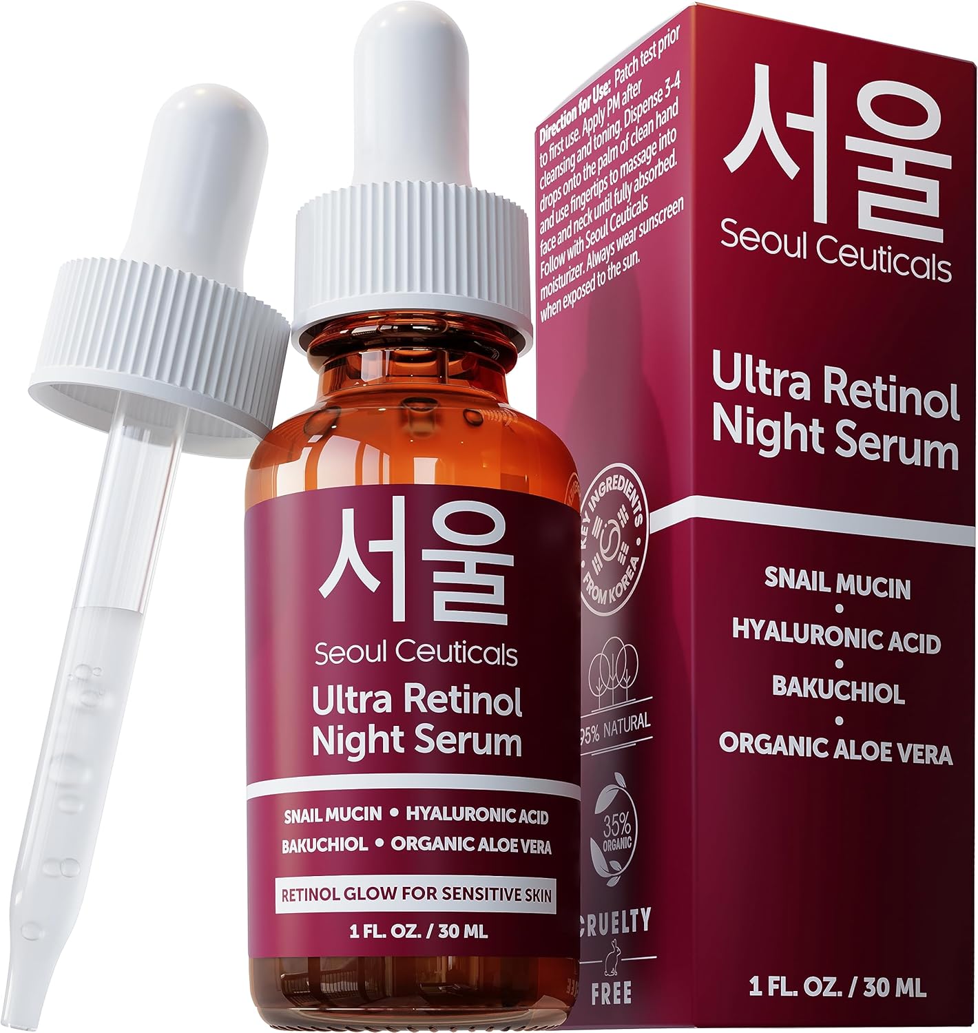 SeoulCeuticals 1% Korean Retinol Night Serum for Face – 97.5% Snail Mucin + Hyaluronic Acid + Bakuchiol, Cruelty Free K Beauty for Sensitive Skin 1oz