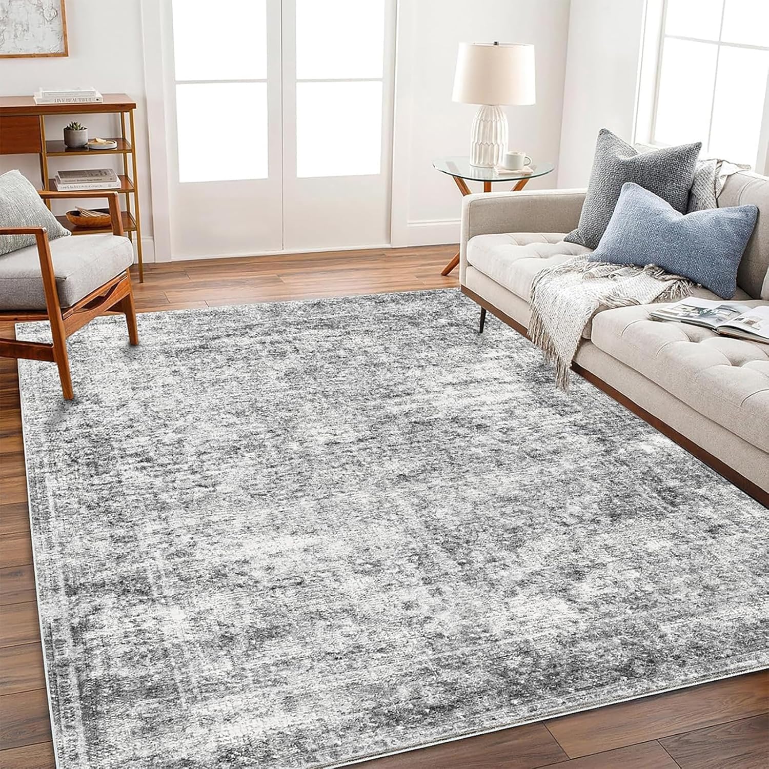 Area Rug 6×9 Washable Rug Gray Vintage Rug Traditional Floor Cover Thin Rug Retro Kitchen Indoor Distressed Non Slip Carpet Floral Print Mat Living Room Bedroom Dining Room