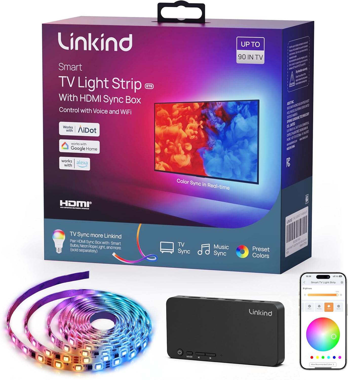 Linkind HDMI 2.0 Sync Box, AI LumiSync Technology ET6 Smart TV Backlights, Supports 4K@60Hz, LED Backlights for 90 inch TVs, for Christmas Decorations, Smart App Control, Music Sync