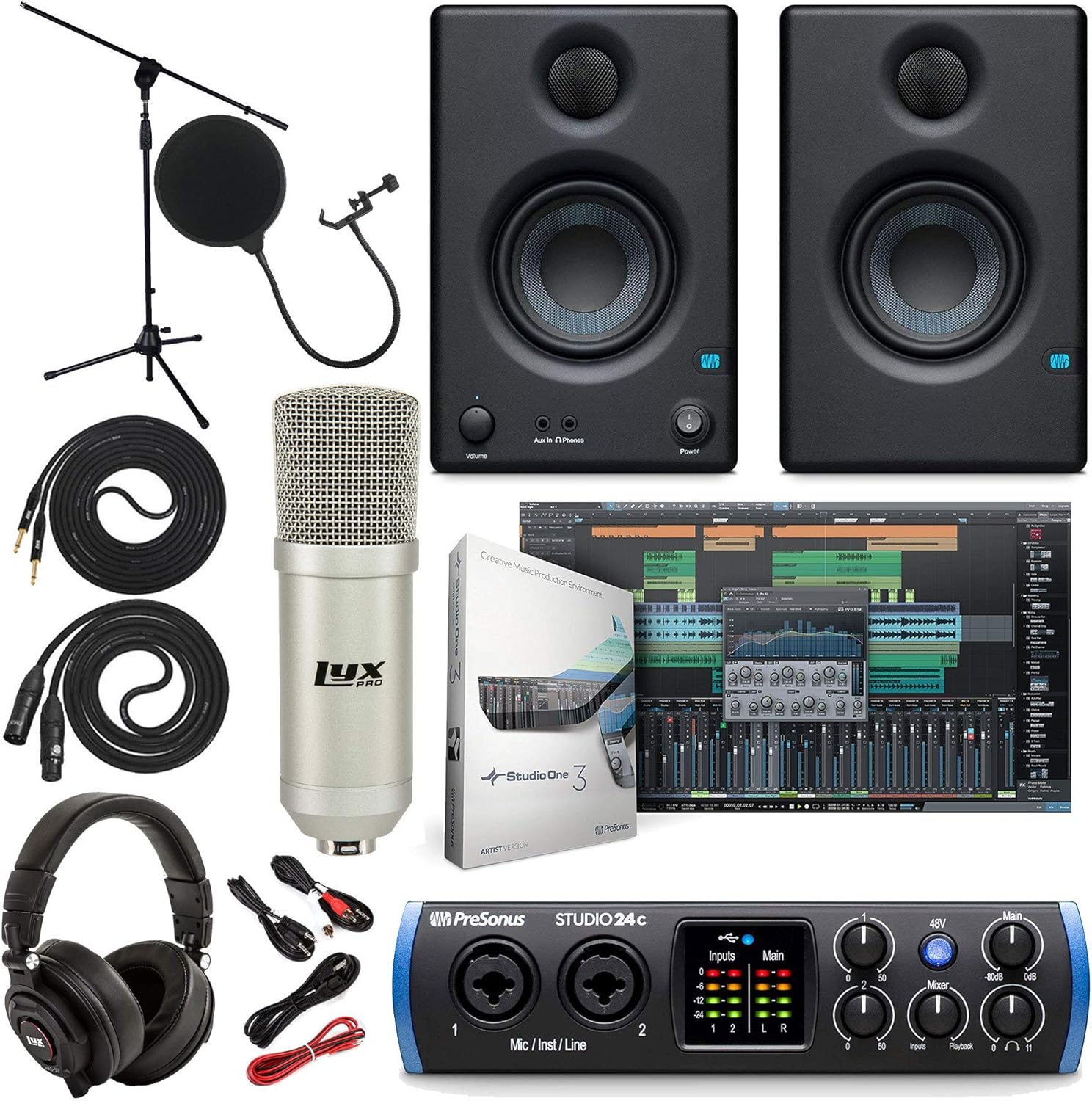 PreSonus Studio 24c 2×2 USB Type-C Audio/MIDI Interface w/Eris 3.5 Pair Studio Monitors and 1/4” TRS to TRS Instrument Cable and LyxPro Recording Bundle