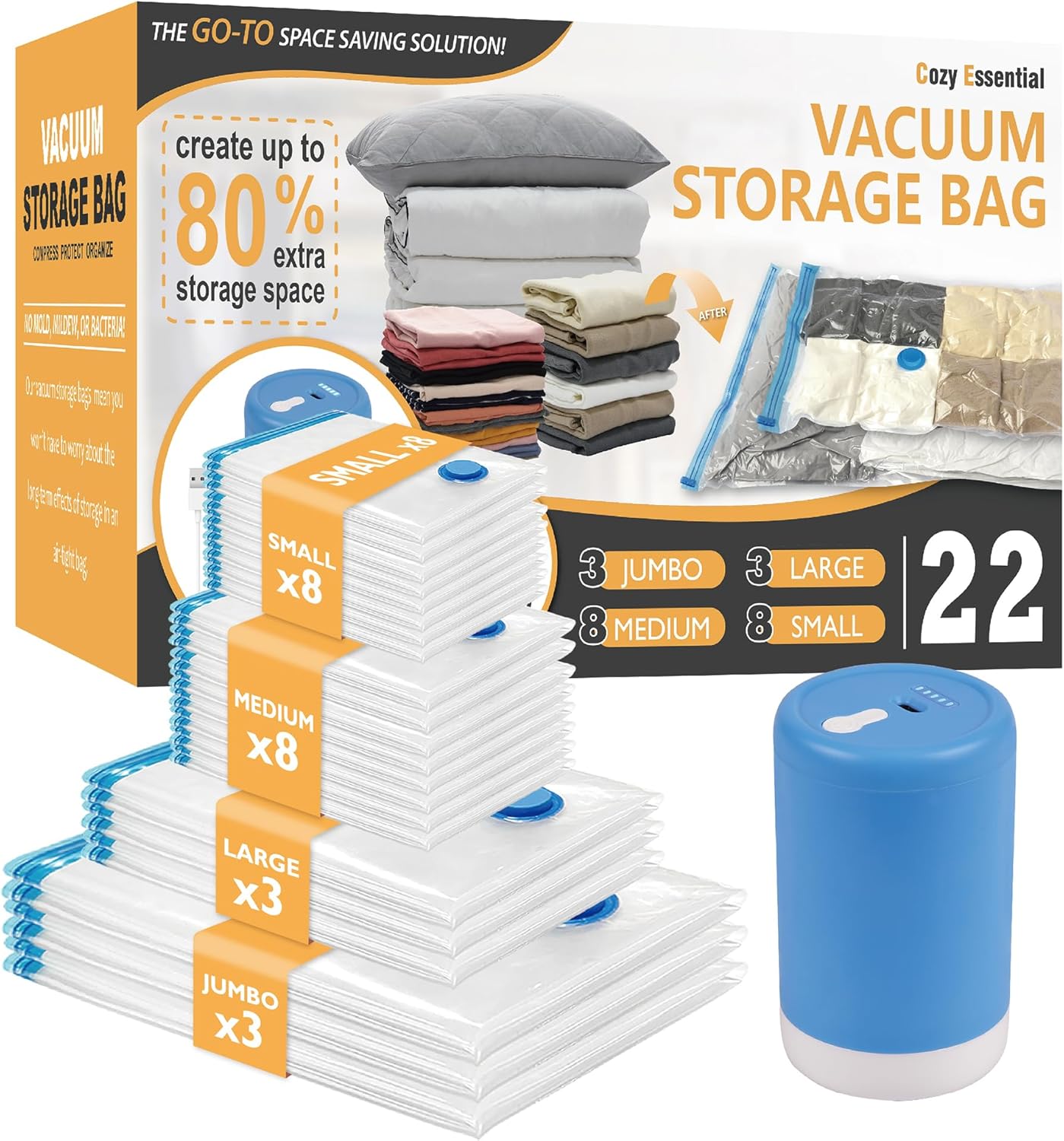 Vacuum Storage Bags with Electric Pump, 22 Pack (3 Jumbo/3 Large/8 Medium/8 Small) Vacuum Seal Space Saver Bags for Clothing, Pillows, Blanket, Bedding, Comforters