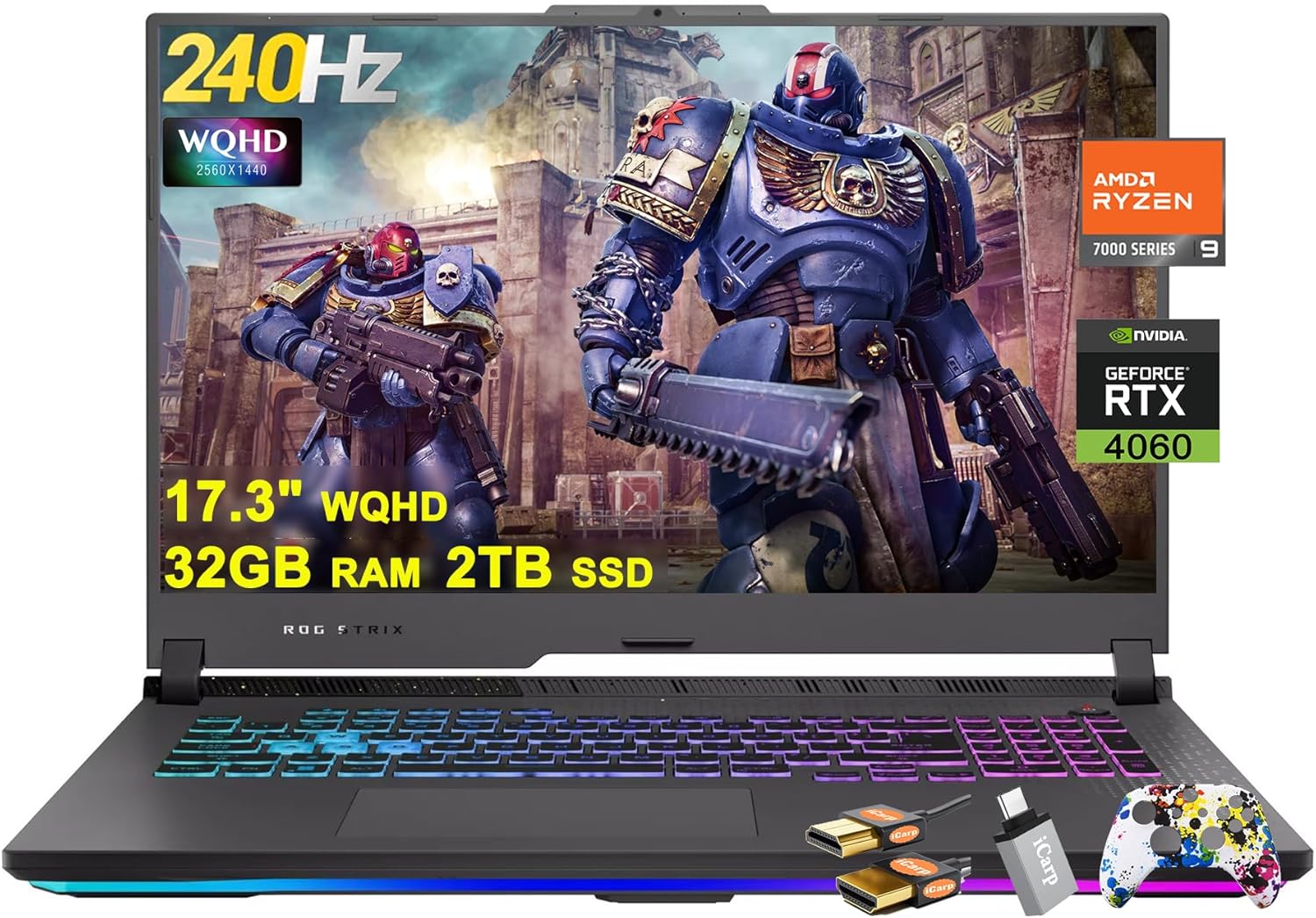 ASUS ROG Strix G17 G713 Gaming Laptop 17.3″ WQHD IPS 240Hz AMD 12-Core Ryzen 9 7845HX (>i9-12900H) 32GB RAM 2TB SSD GeForce RTX 4060 8GB USB-C RGB Backlit Fast Charging Win11 w/ICP Accessory