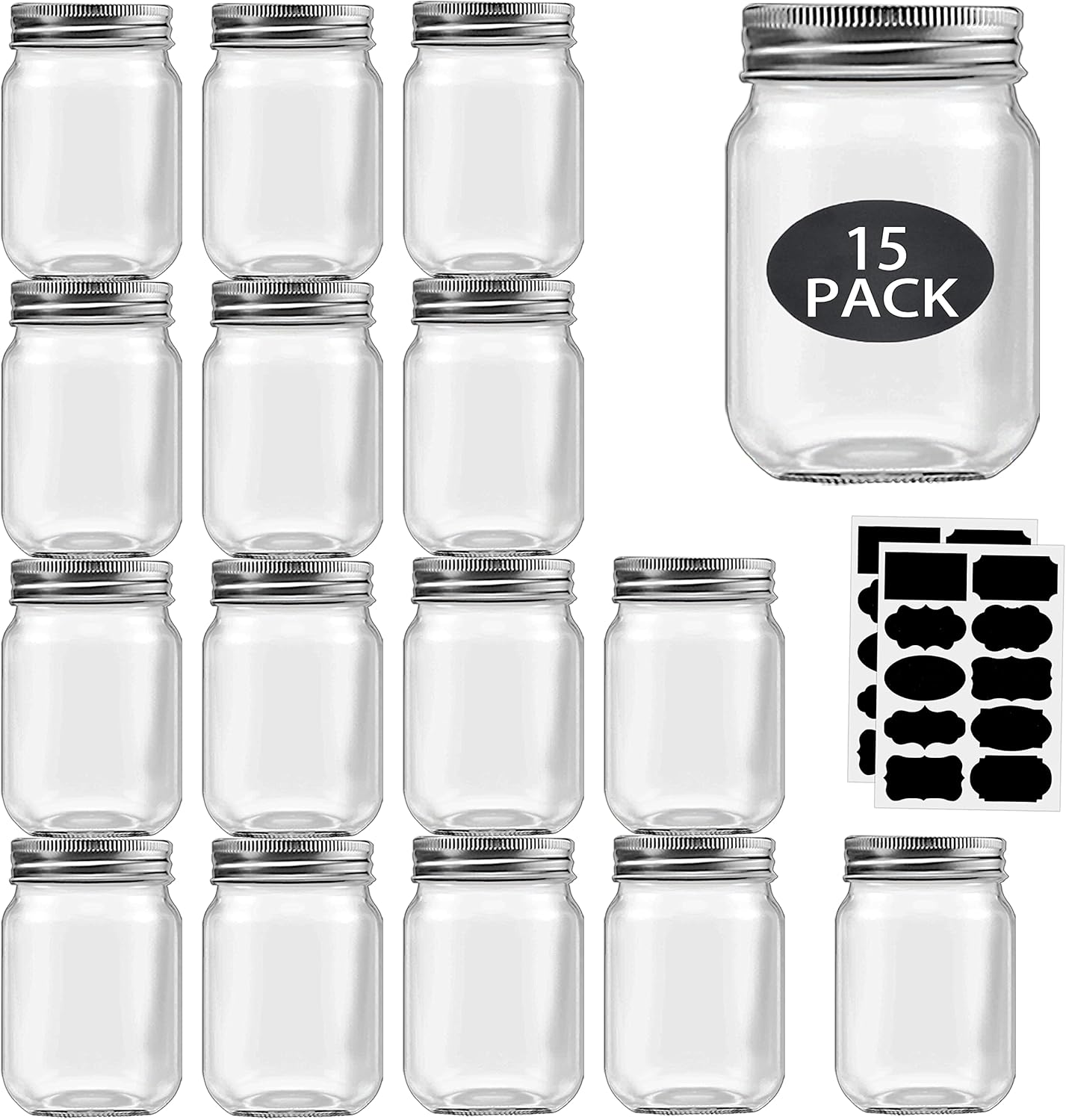 16 oz Mason Jars With Lids Regular Mouth 15 Pack-16 oz Glass Jars with Lids,Bulk Pint Clear Glass Jars For Meal Prep, Food Storage With 20 Labels (Silver Lids)