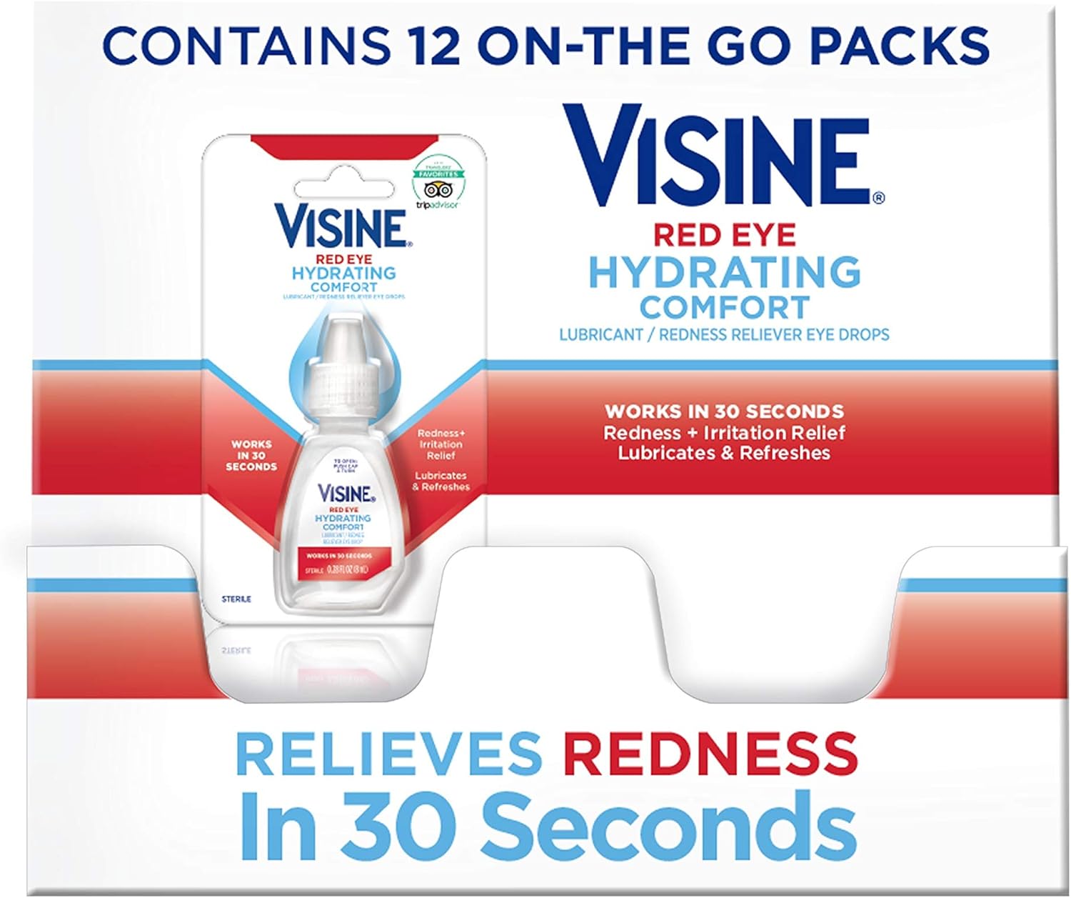 Visine Red Eye Hydrating Comfort Redness Relief and Lubricant Eye Drops to Relieve Red Eyes Due to Minor Eye Irritations Fast and Help Moisturize Dry Eyes, On-The-Go Packs, 12 x 0.28 fl. oz