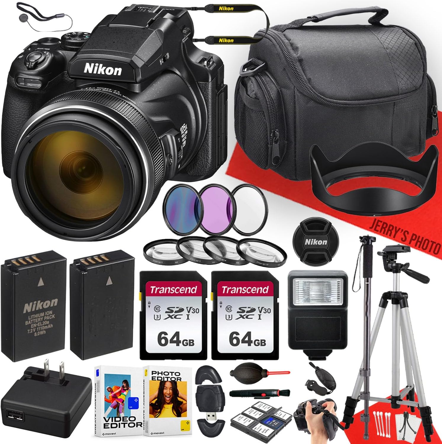 Nikon COOLPIX P1000 Digital Camera with NIKKOR 24-3000mm Lens + 2PC 64GB Memory + Extra Battery + Hood + Monopod + Filters + Tripod + More (31pc Bundle) (Renewed)