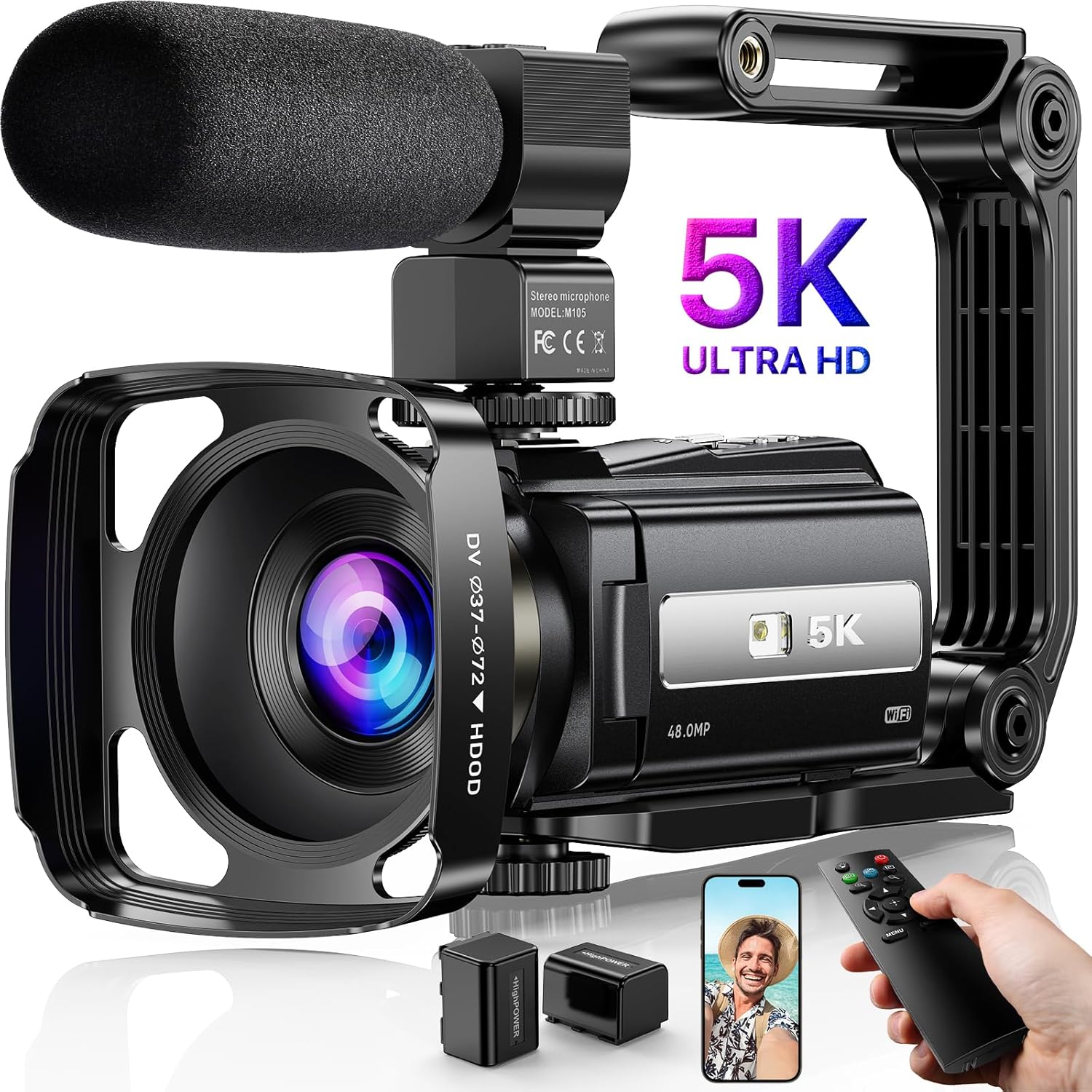 5K Video Camera Camcorder UHD 48MP WiFi Vlogging Camera for YouTube IR Night Vision Anti-Shake 16X Digital Zoom 3” Touch Screen Camera with Microphone,Handheld Stabilizer,Lens Hood,Remote,Batteries