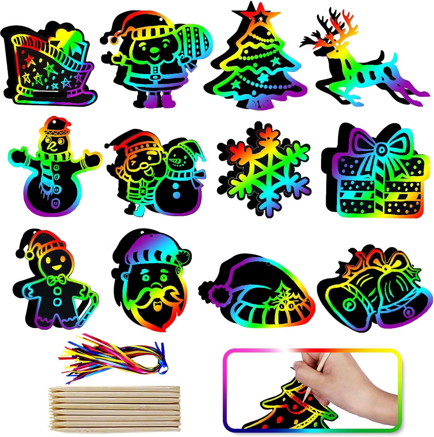 Max Fun Christmas Crafts Scratch Art for Kids, 48PCS Magic Rainbow Scratch Off Paper Cards, Christmas Ornaments Hanging Art for Kids Party Favors Supplies, Stocking Stuffers Educational Toys