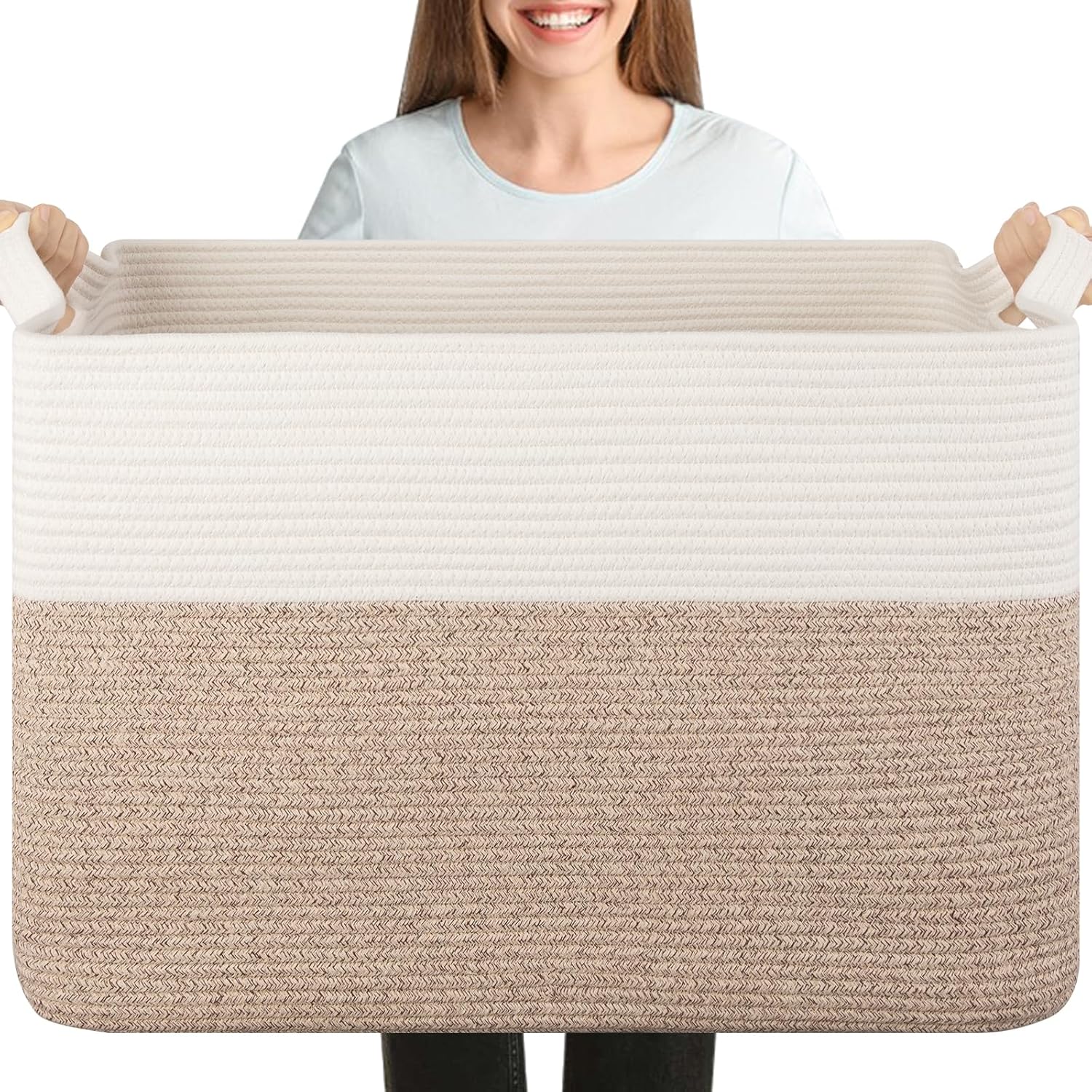 XXXL Large Blanket Basket, 108L Storage Basket, Cotton Rope Baskets for Living Room, Supre Large Toy Basket for Kids, Woven Basket for Clothes, Towels, Pillows, 25″ x 16″ x 16″, Brown and White