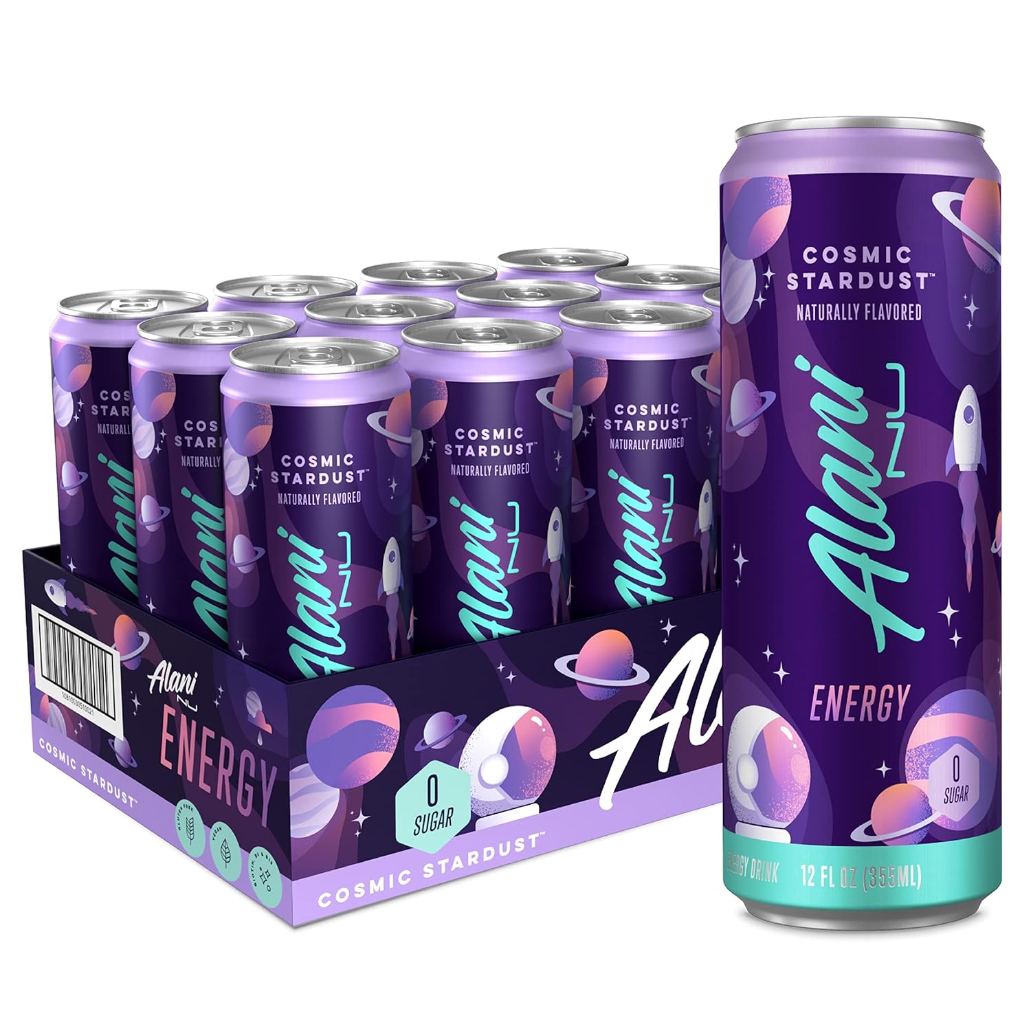 Alani Nu COSMIC STARDUST Sugar Free, Low Calorie Energy Drinks | 200mg Caffeine | Biotin B Vitamins | Zero Sugar | 10 Calories | 12 Fl Oz Cans | 12 Pack