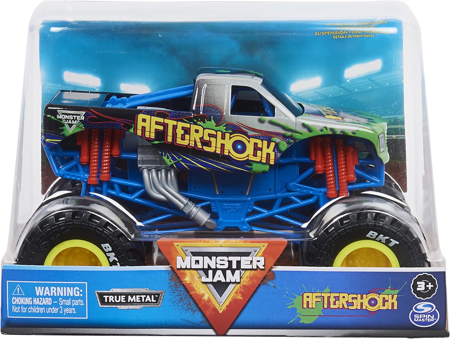 Monster Jam Official Aftershock Monster Truck – Aftershock Collector 1:24 Scale Die-Cast Vehicle – Chrome Rims and BKT Tread Tires for Use in All Playsets – Collectible for Fans & Birthday Parties