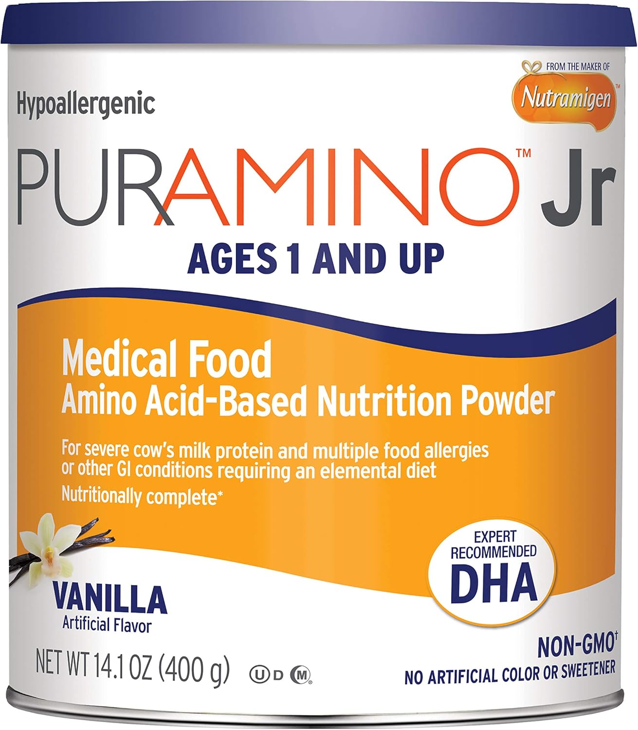 PurAmino Junior Hypoallergenic Toddler Drink, for Severe Food Allergies, Omega-3 DHA, Iron, Immune Support, Vanila Powder Can, 14.1 Oz