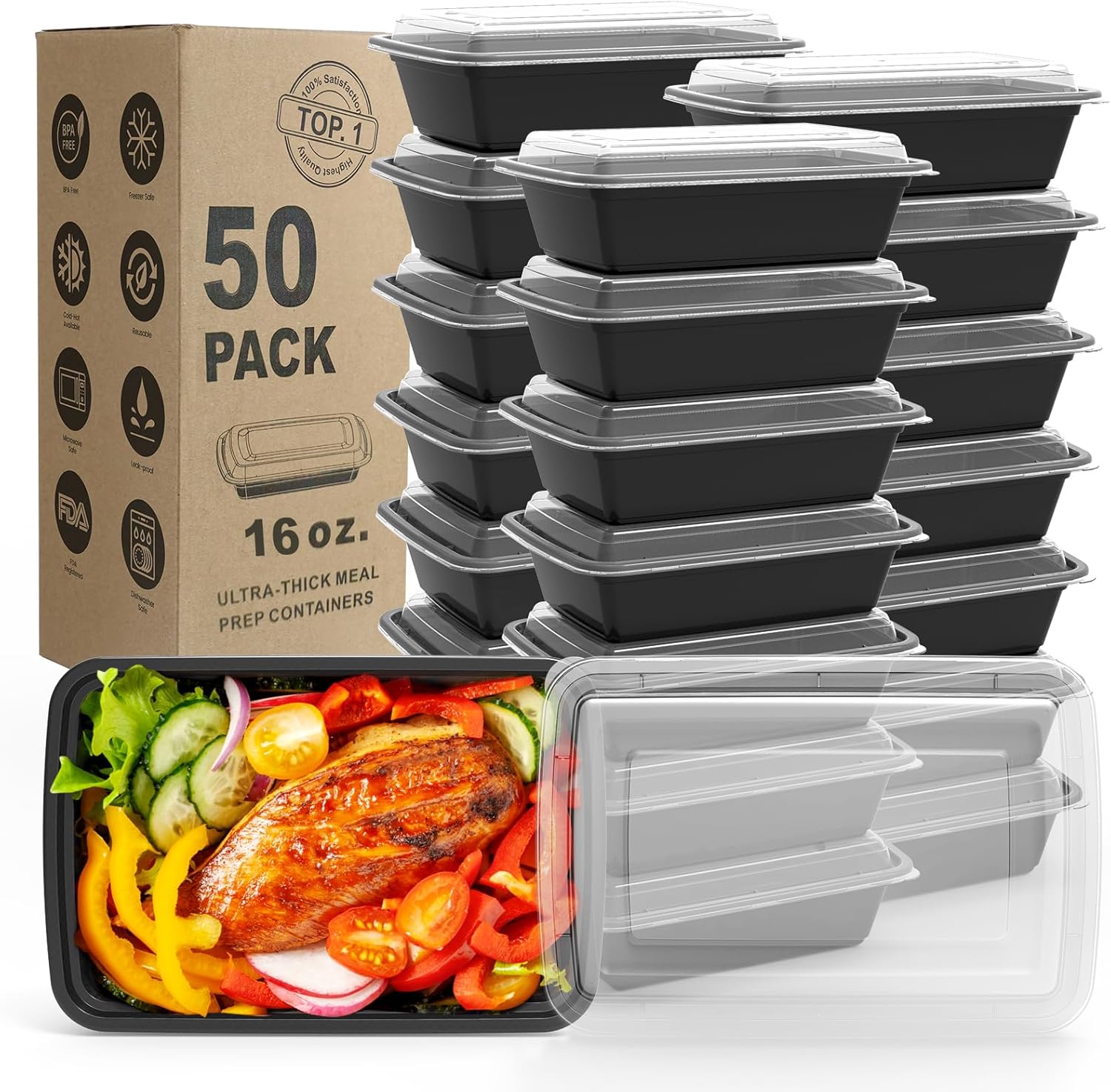 WGCC Meal Prep Containers Reusable – 50 Pack Food Storage Containers with Lids 16 oz – Disposable To Go Food Containers, BPA Free, Stackable, Microwave/Dishwasher/Freezer Safe, Black