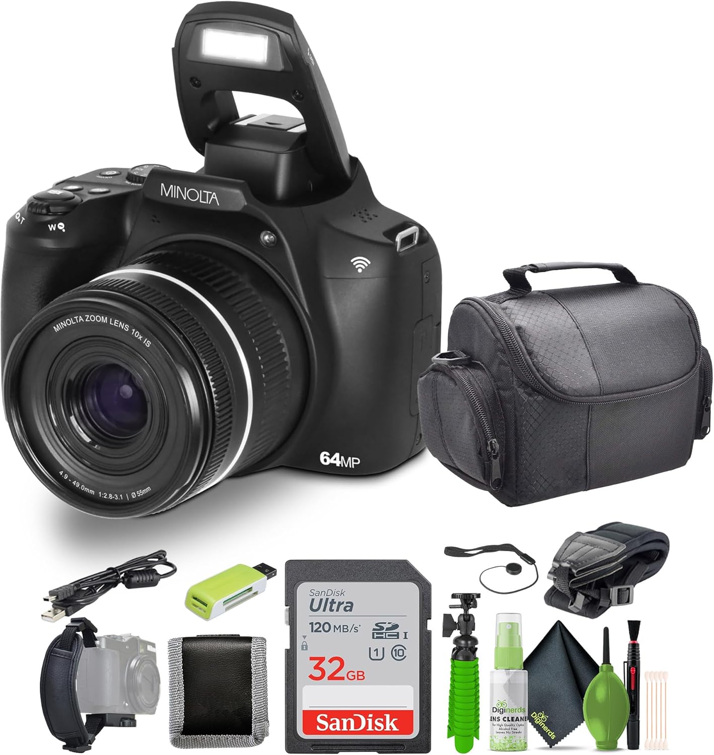 Minolta 64 Mega Pixels Auto Focus Digital Camera with 10x Optical Zoom, 4K Ultra HD Video and Macro Shooting, Bundle with 32 GB Memory Card + Vlogging Tripod + Cleaning kit + More Accessories – Black